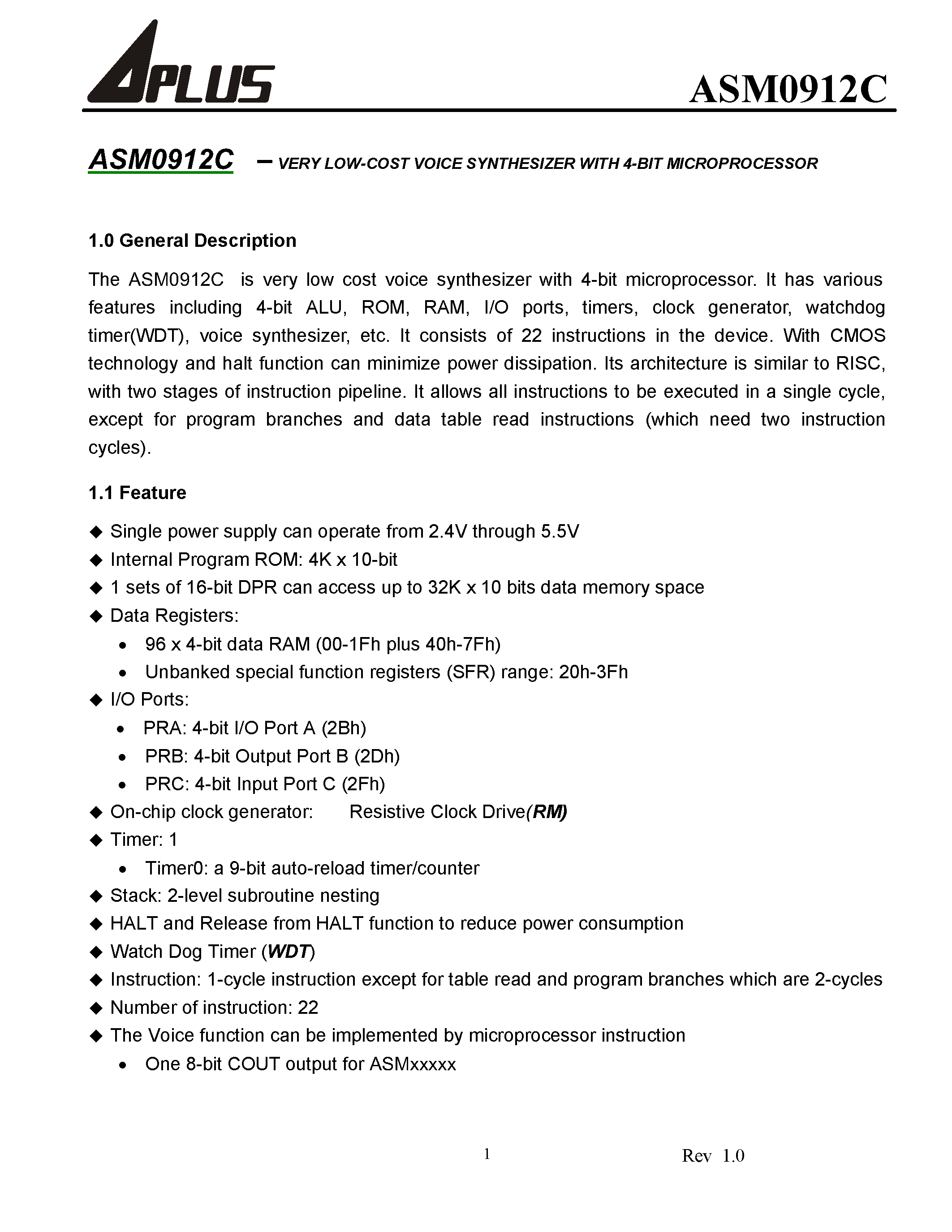 Datasheet ASM0912C - VERY LOW-COST VOICE SYNTHESIZER WITH 4-BIT MICROPROCESSOR page 2