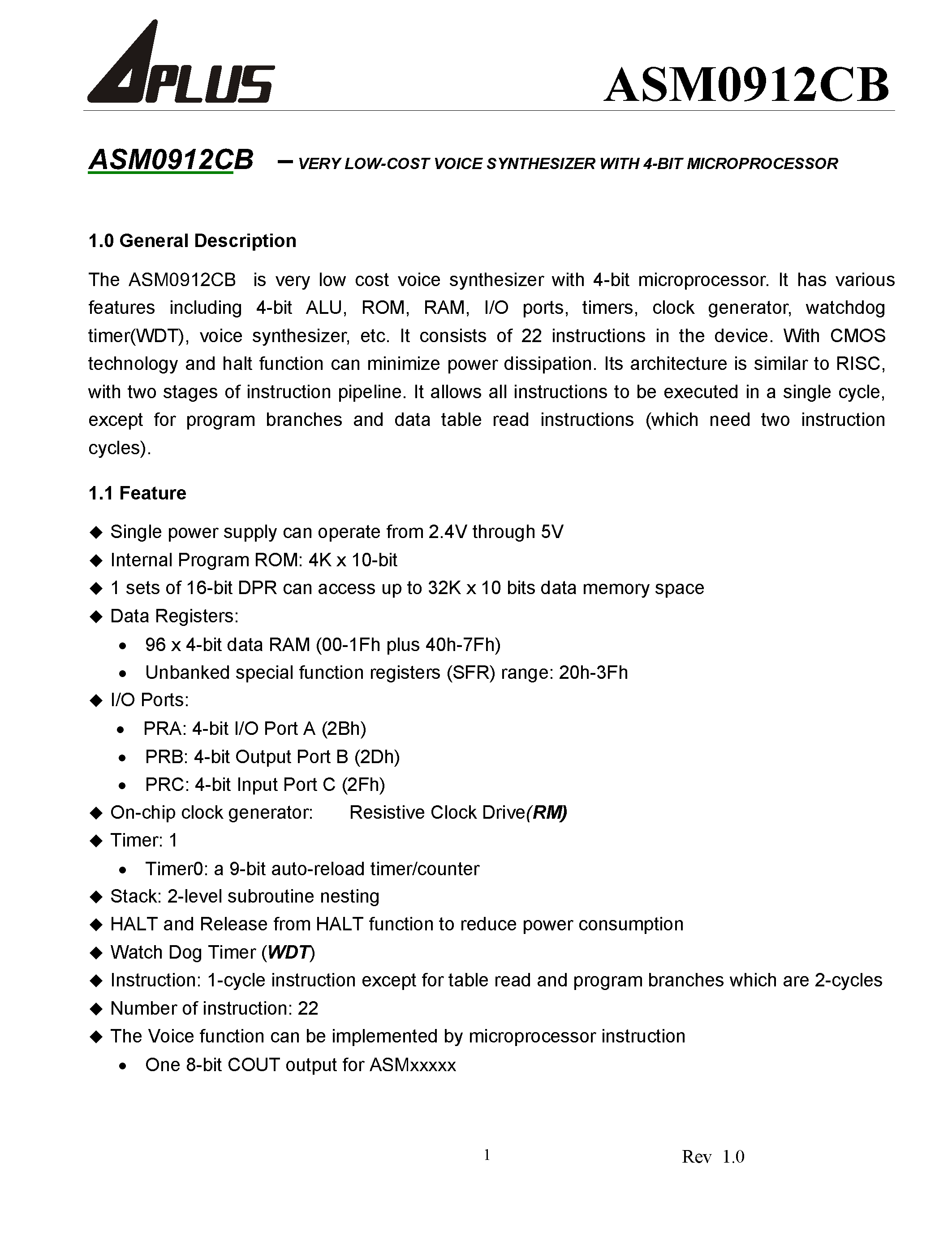 Datasheet ASM0912CB - VERY LOW-COST VOICE SYNTHESIZER WITH 4-BIT MICROPROCESSOR page 2