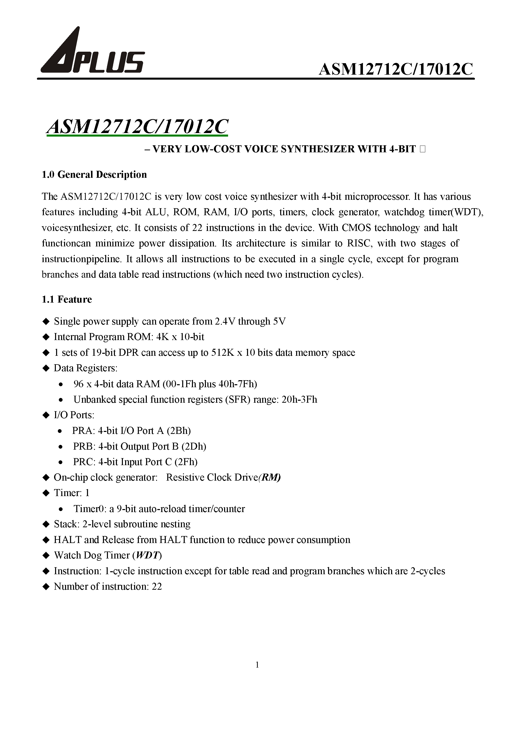 Datasheet ASM12712C - VERY LOW-COST VOICE SYNTHESIZER WITH 4-BIT MICROPROCESSOR page 2