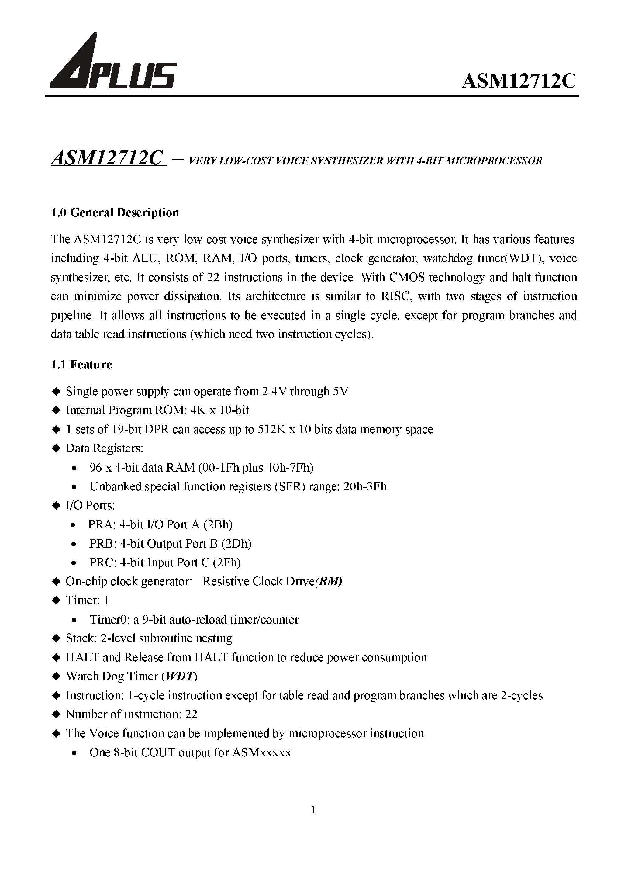 Datasheet ASM12712C-1 - VERY LOW-COST VOICE SYNTHESIZER WITH 4-BIT MICROPROCESSOR page 2