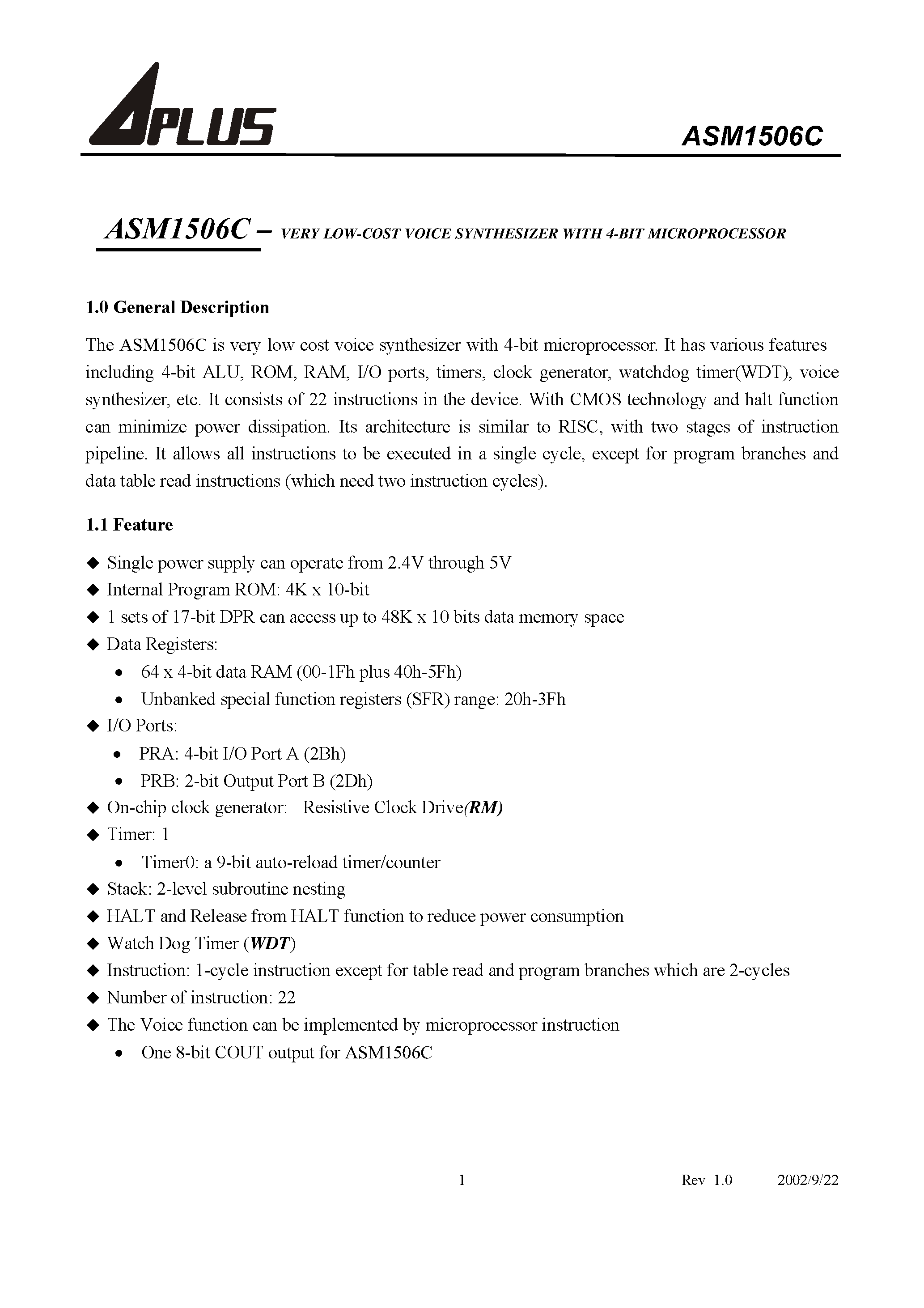 Datasheet ASM1506C - VERY LOW-COST VOICE SYNTHESIZER WITH 4-BIT MICROPROCESSOR page 2