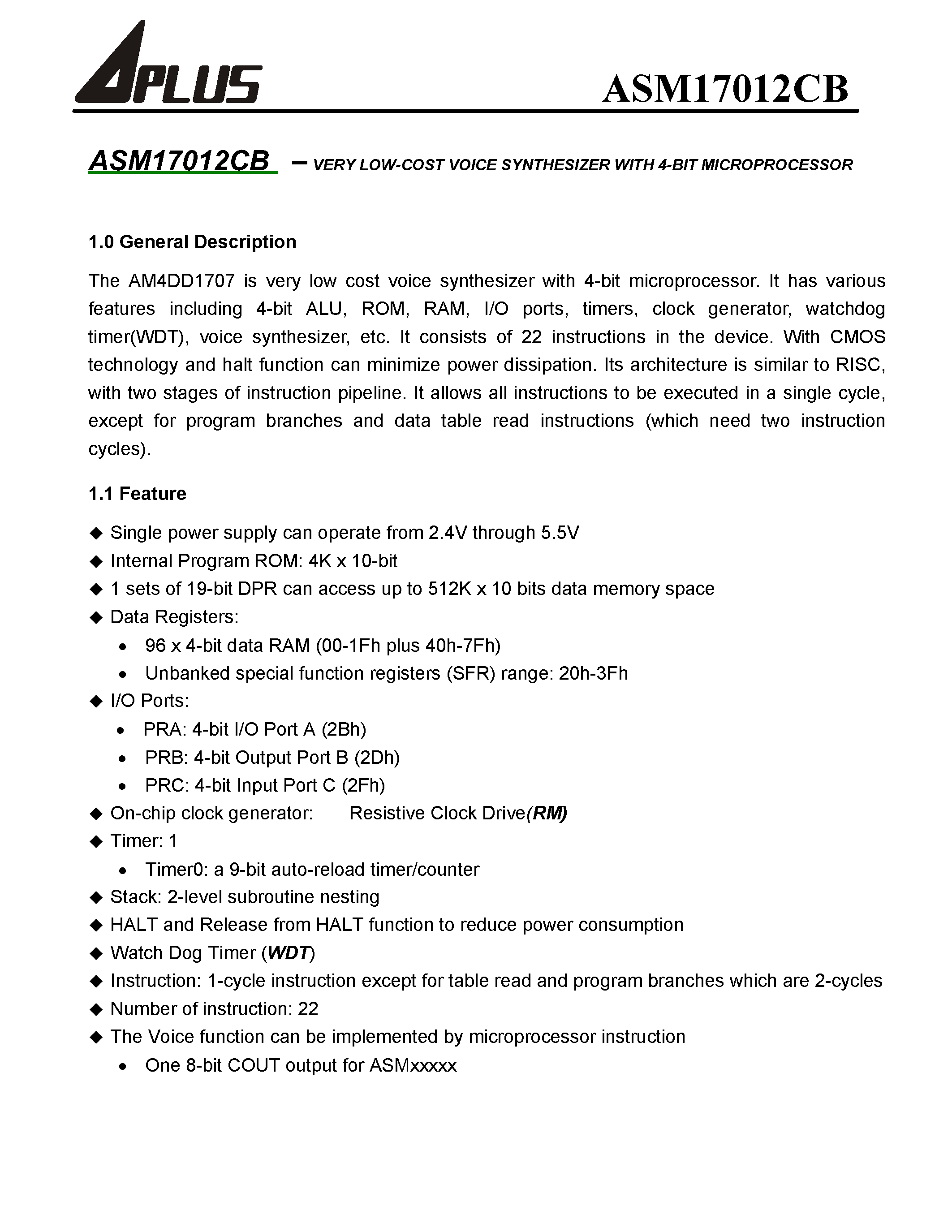 Datasheet ASM17012CB - VERY LOW-COST VOICE SYNTHESIZER WITH 4-BIT MICROPROCESSOR page 2