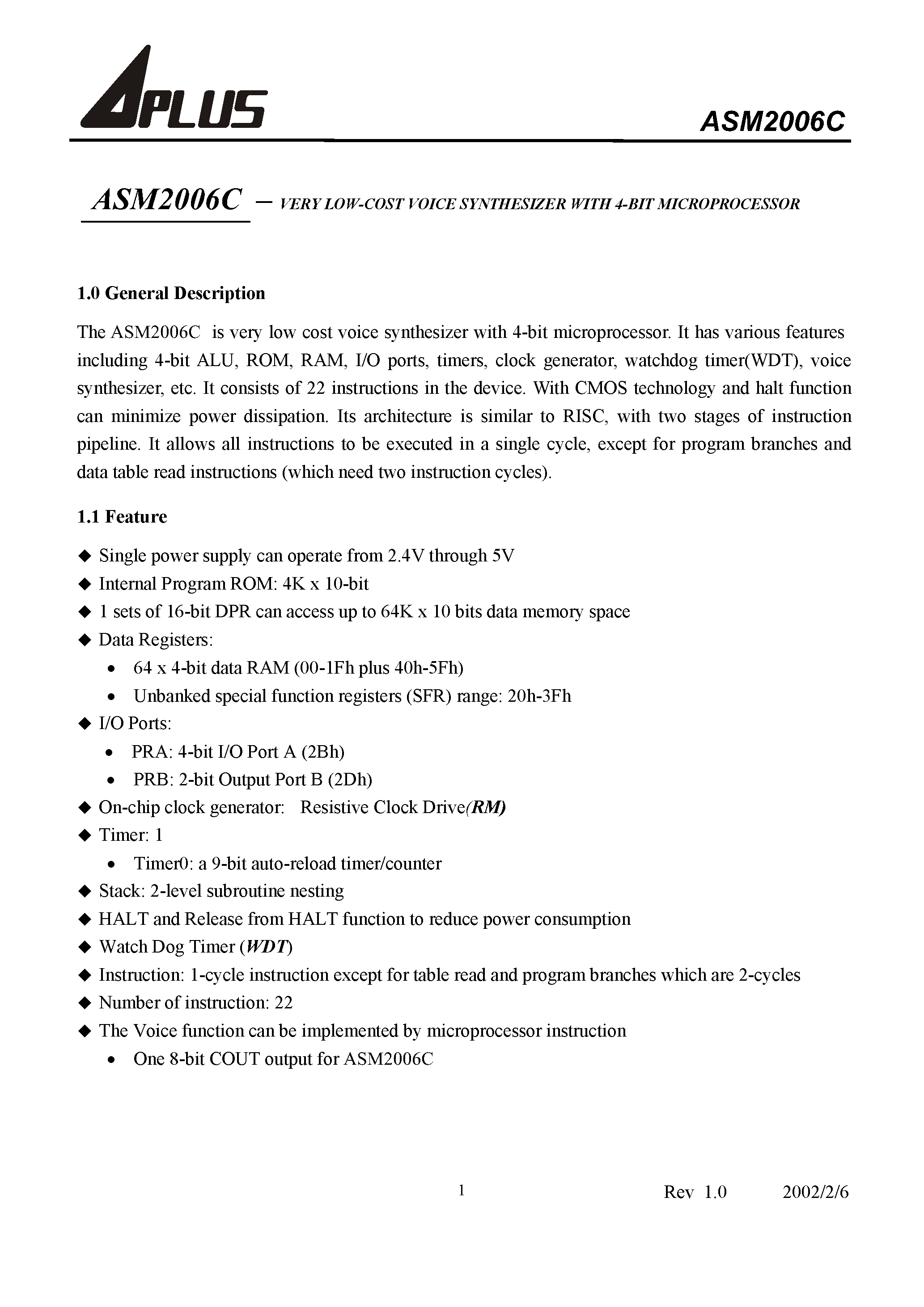 Datasheet ASM2006C - VERY LOW-COST VOICE SYNTHESIZER WITH 4-BIT MICROPROCESSOR page 2