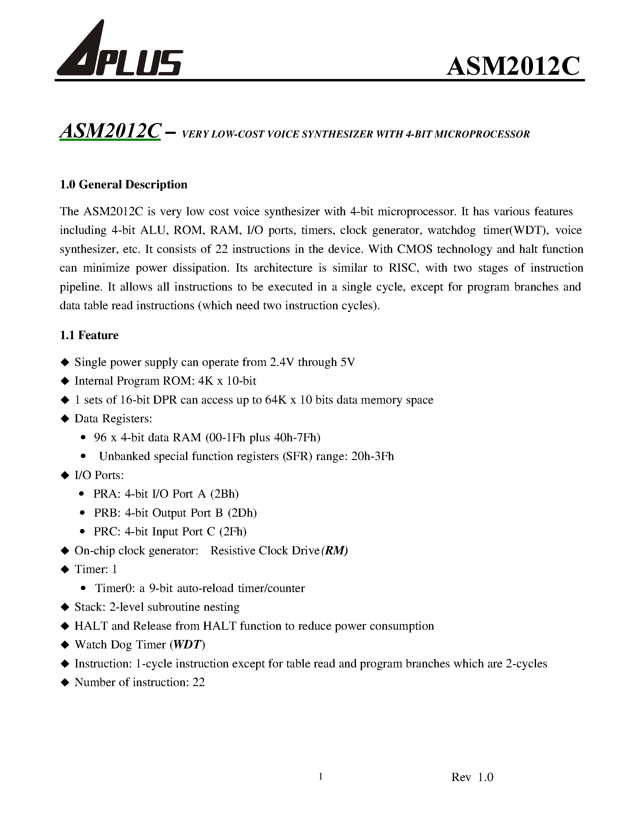 Datasheet ASM2012C - VERY LOW-COST VOICE SYNTHESIZER WITH 4-BIT MICROPROCESSOR page 2