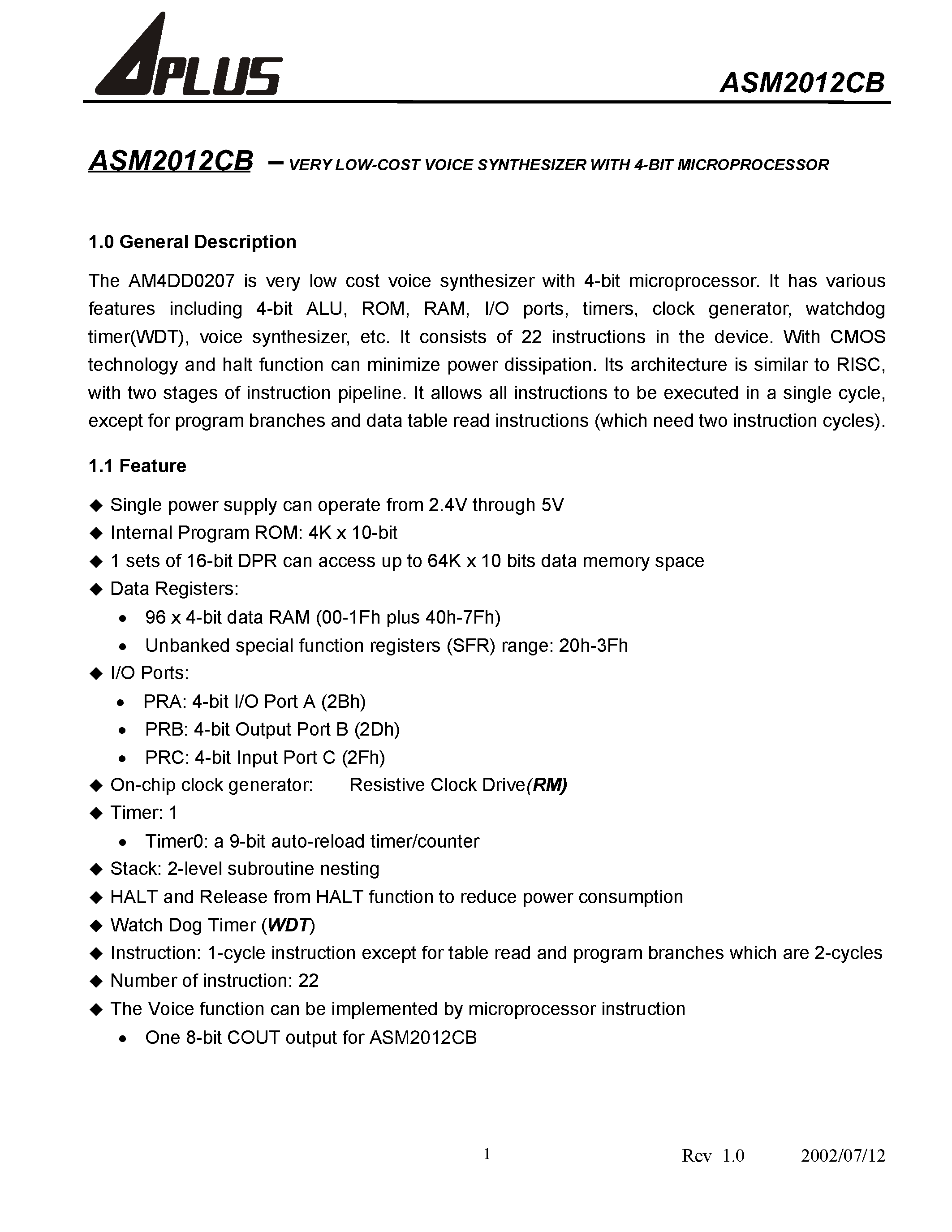 Datasheet ASM2012CB - VERY LOW-COST VOICE SYNTHESIZER WITH 4-BIT MICROPROCESSOR page 2