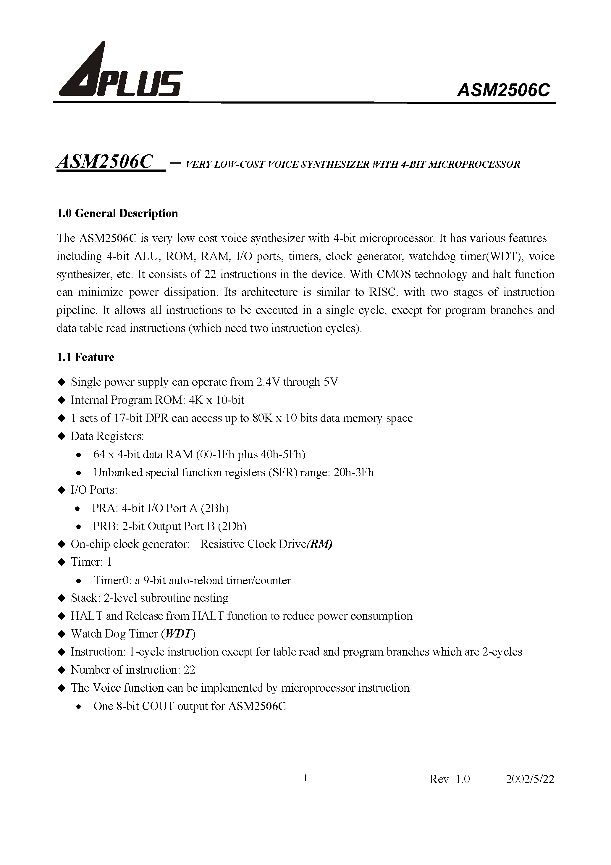 Datasheet ASM2506C - VERY LOW-COST VOICE SYNTHESIZER WITH 4-BIT MICROPROCESSOR page 2