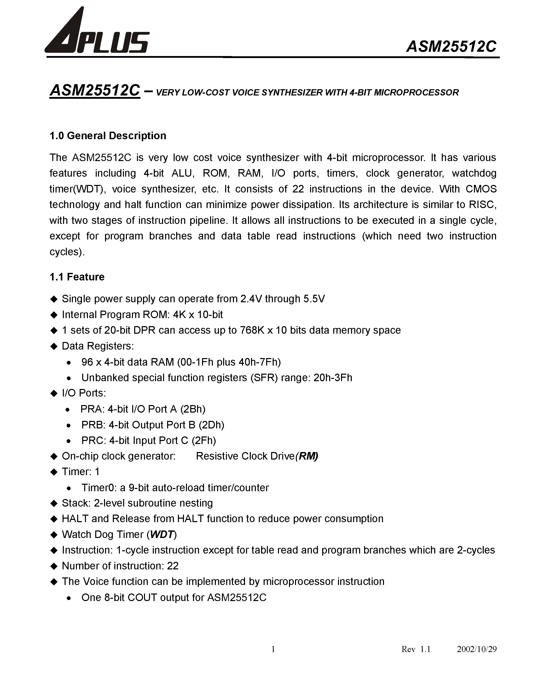 Datasheet ASM25512C - VERY LOW-COST VOICE SYNTHESIZER WITH 4-BIT MICROPROCESSOR page 2