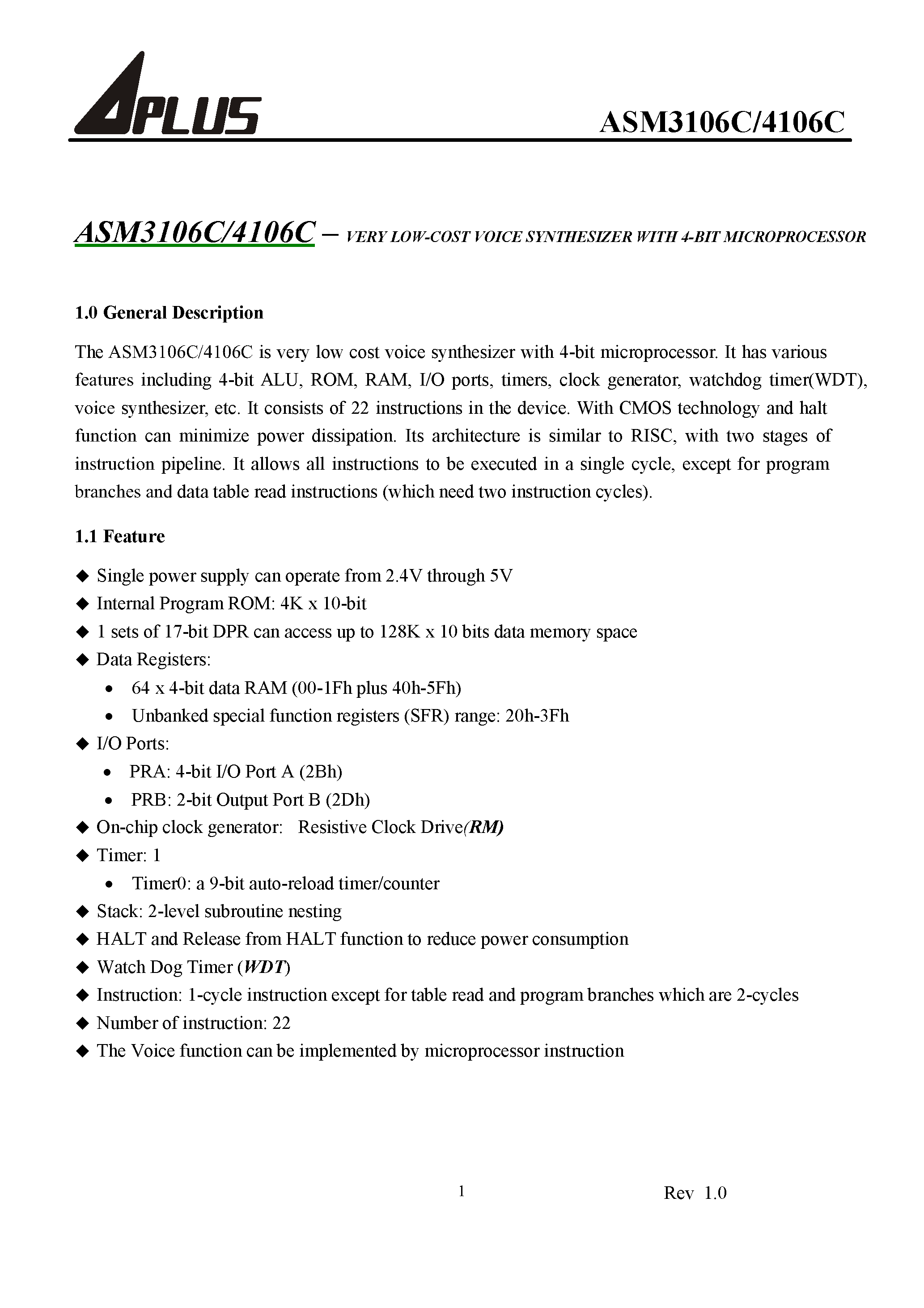 Datasheet ASM3106C - VERY LOW-COST VOICE SYNTHESIZER WITH 4-BIT MICROPROCESSOR page 2