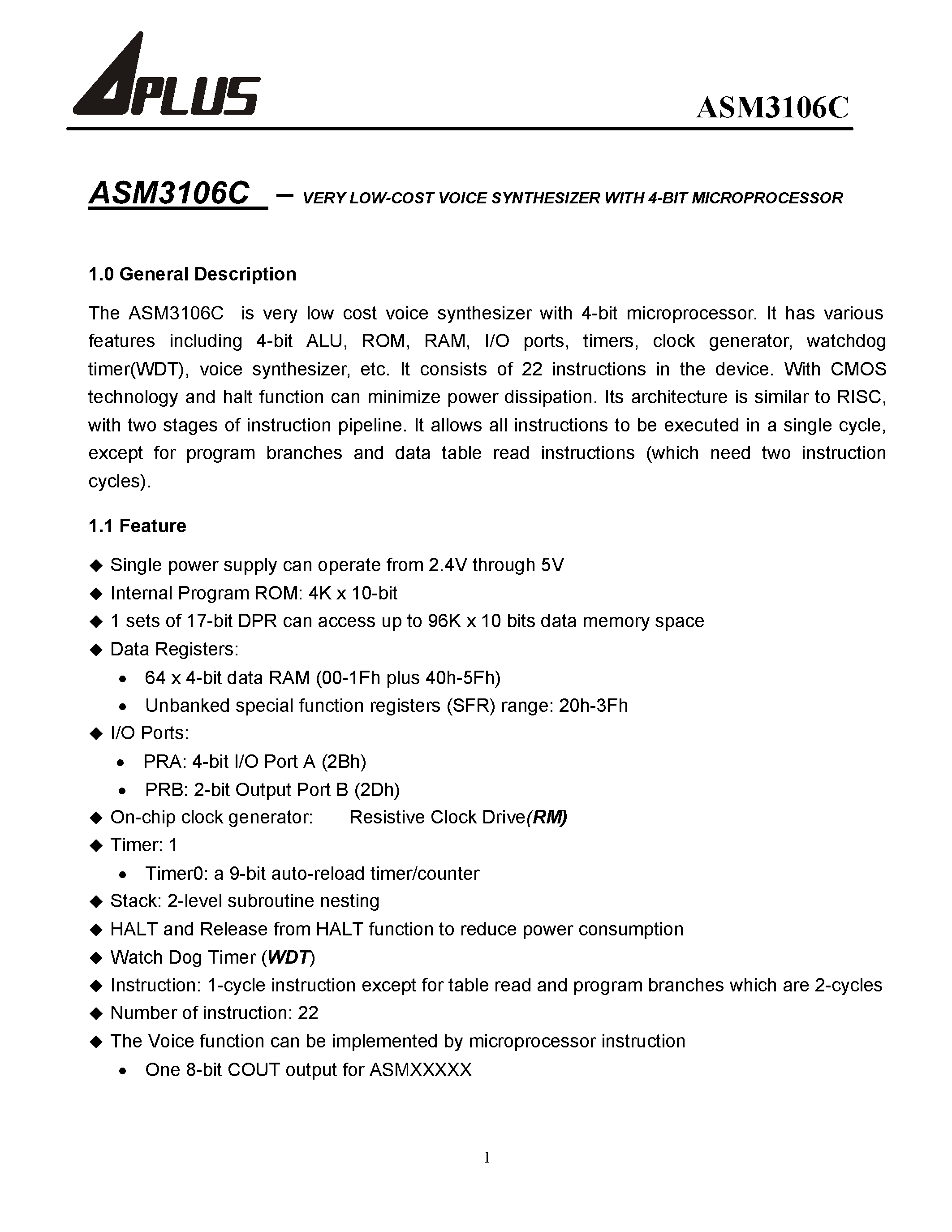 Datasheet ASM3106C-1 - VERY LOW-COST VOICE SYNTHESIZER WITH 4-BIT MICROPROCESSOR page 2
