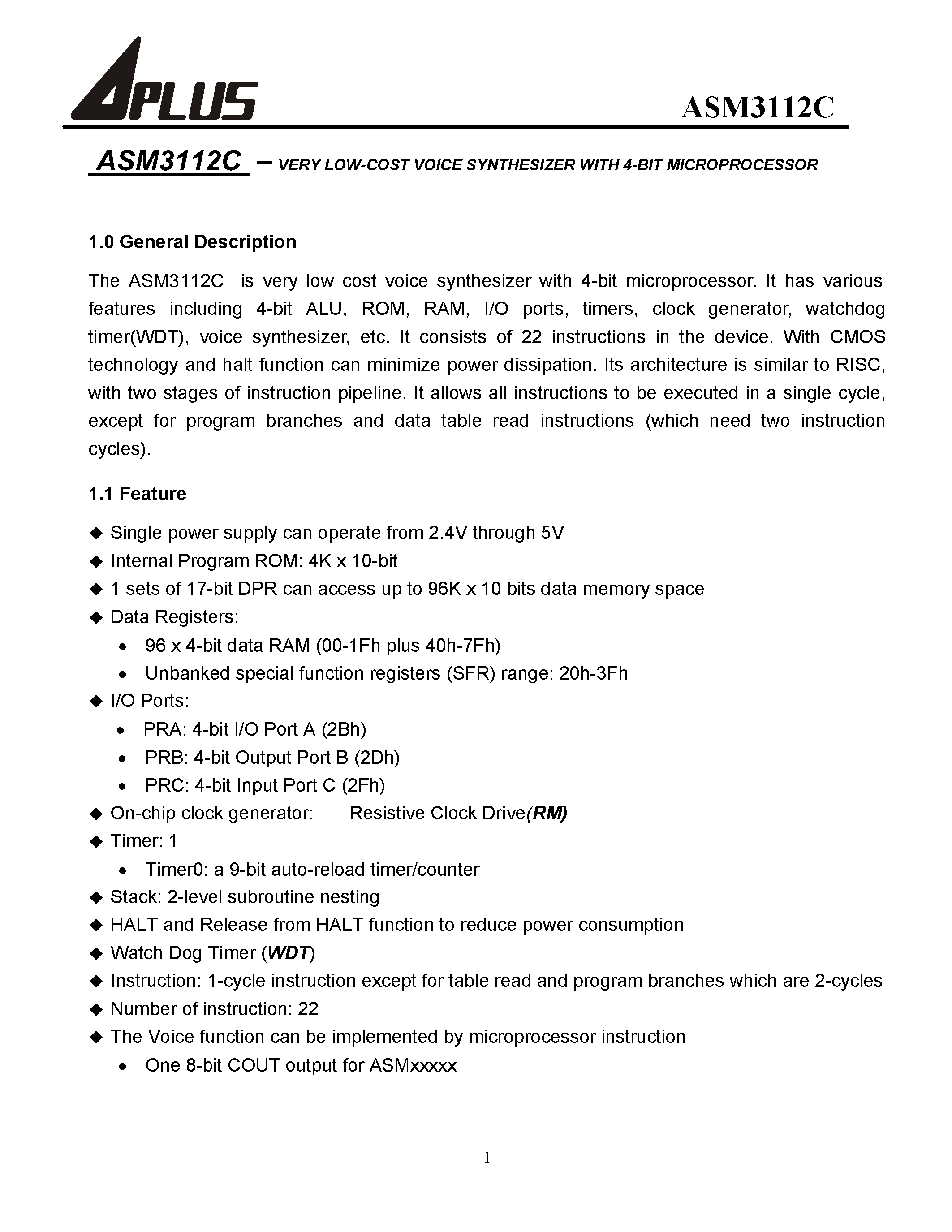 Datasheet ASM3112C-1 - VERY LOW-COST VOICE SYNTHESIZER WITH 4-BIT MICROPROCESSOR page 2