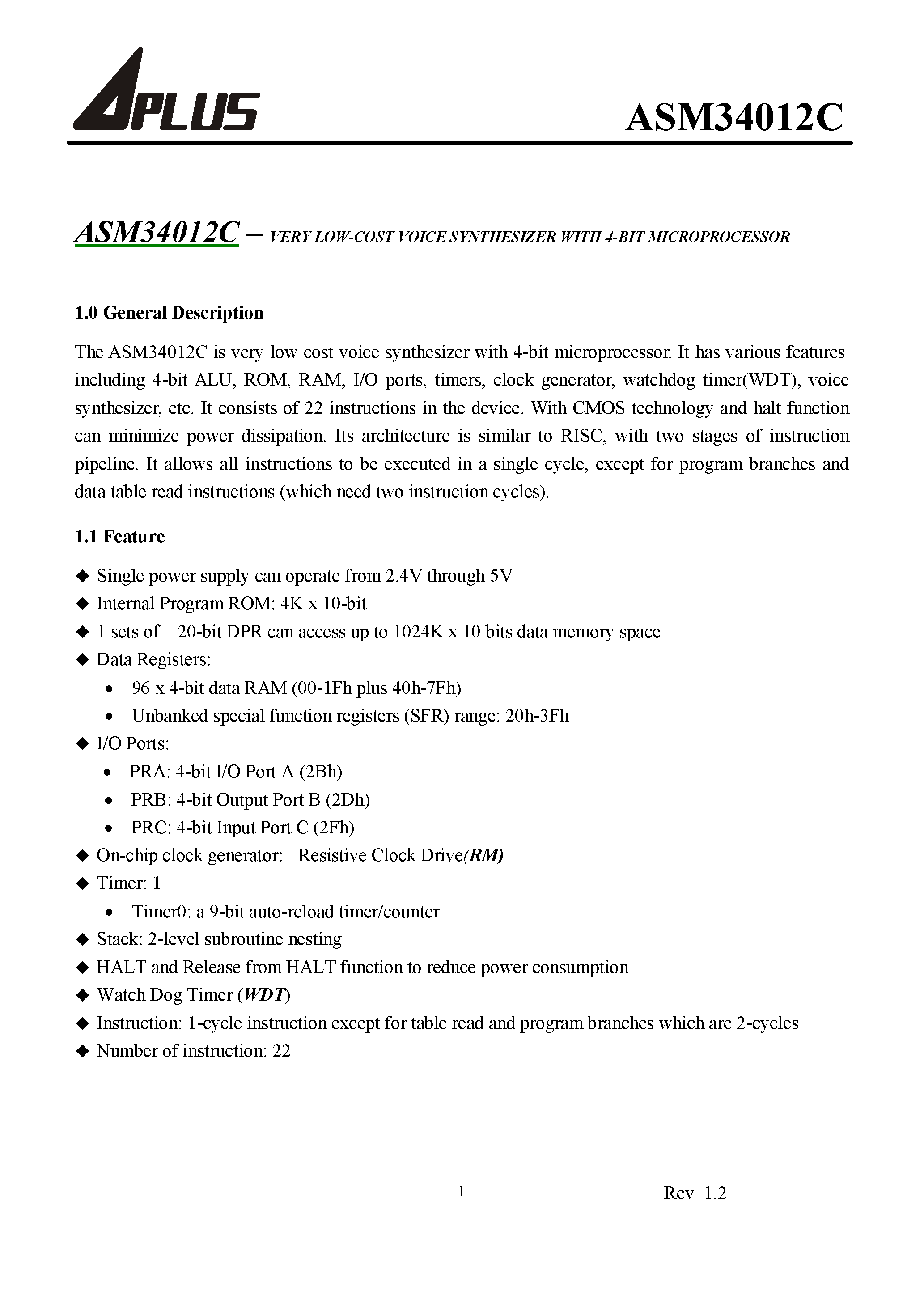Datasheet ASM34012C - VERY LOW-COST VOICE SYNTHESIZER WITH 4-BIT MICROPROCESSOR page 2