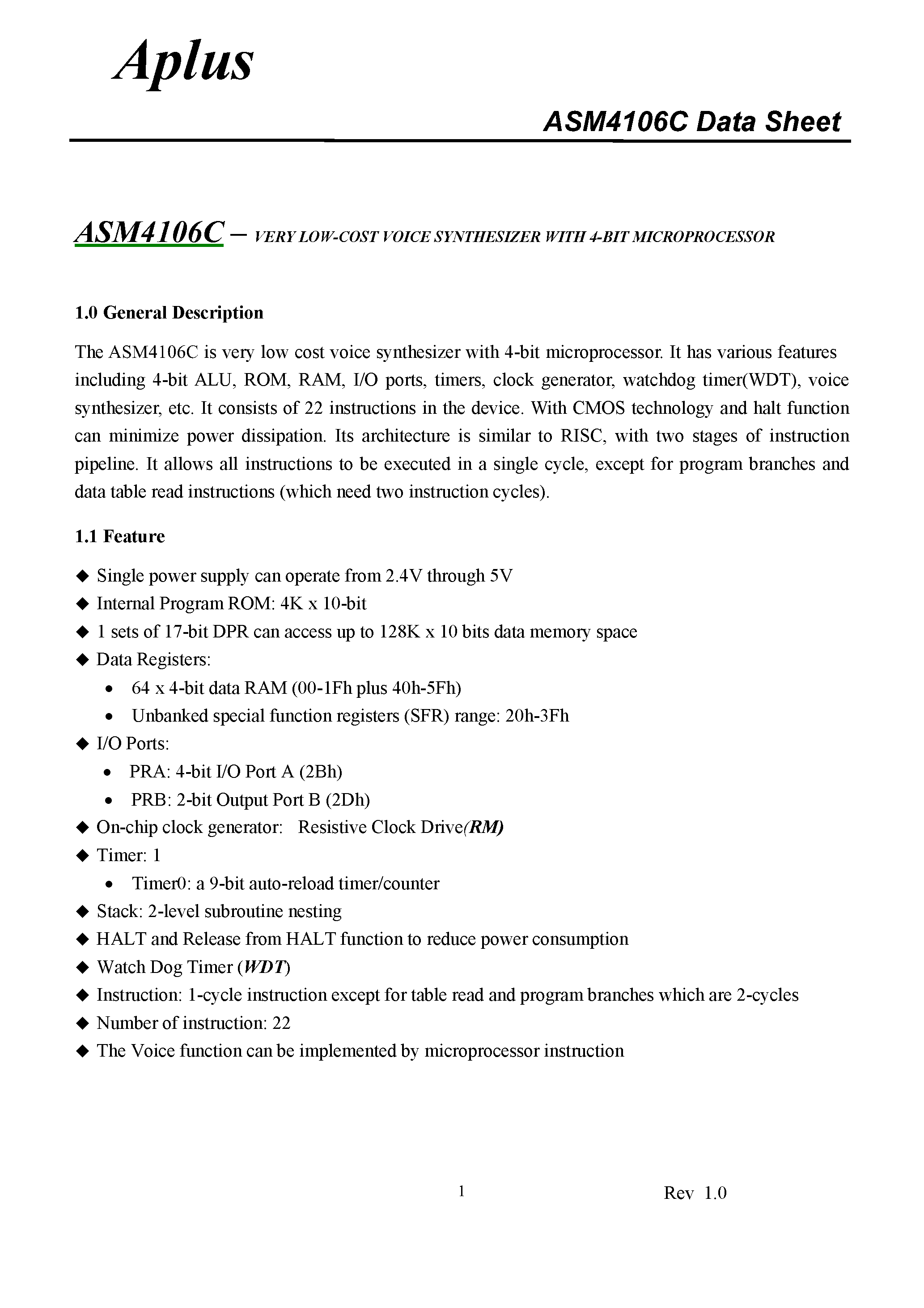 Datasheet ASM4106C - VERY LOW-COST VOICE SYNTHESIZER WITH 4-BIT MICROPROCESSOR page 2