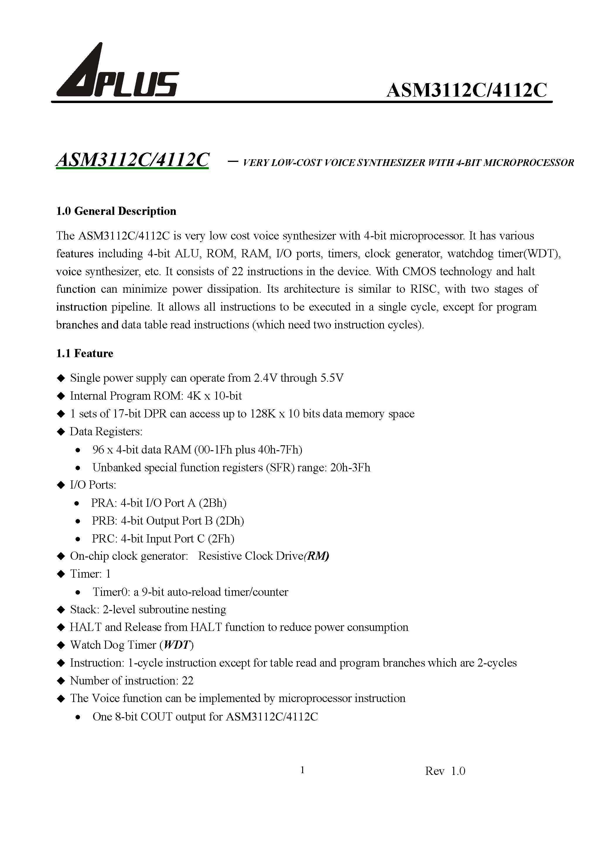 Datasheet ASM4112C - VERY LOW-COST VOICE SYNTHESIZER WITH 4-BIT MICROPROCESSOR page 2