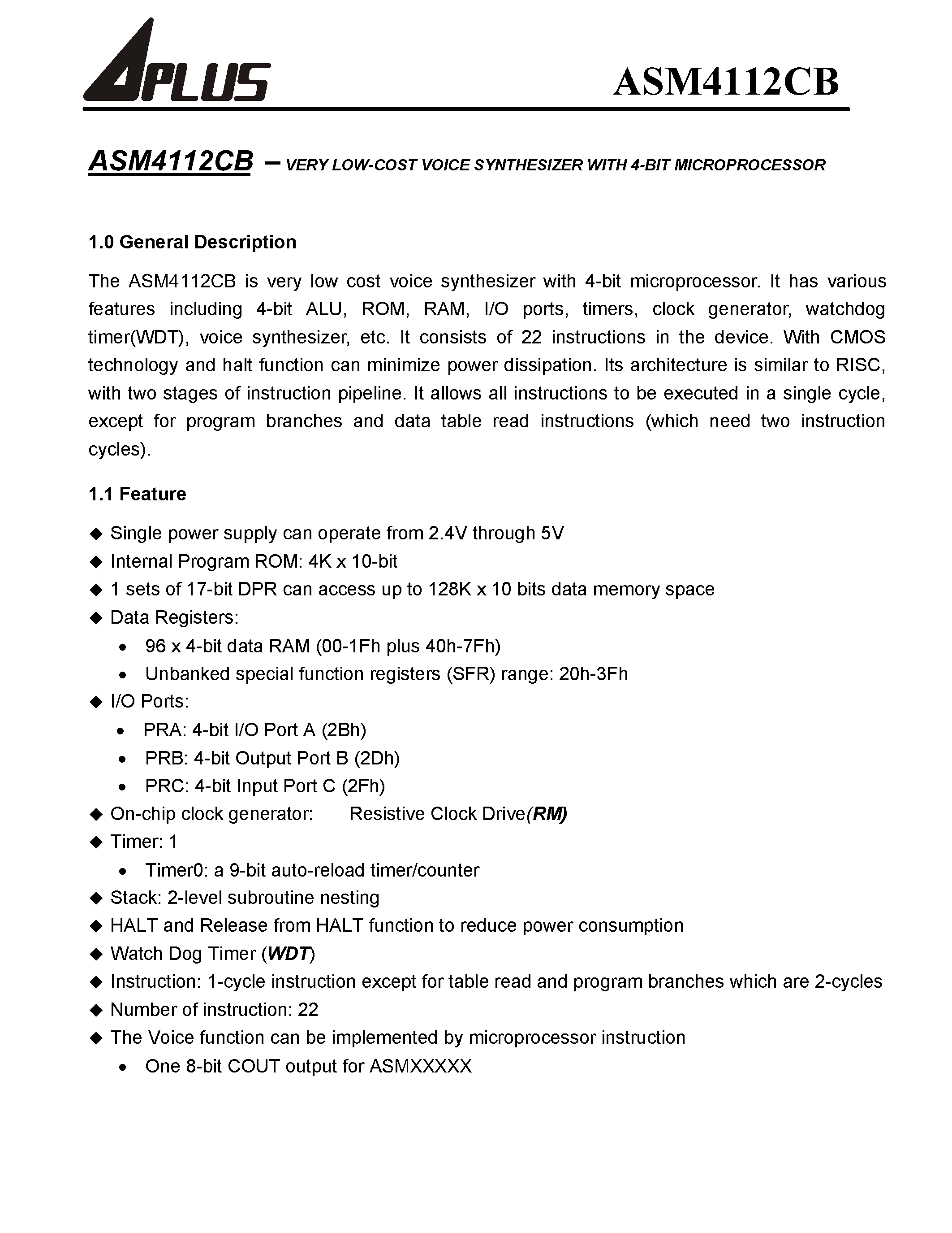 Datasheet ASM4112CB - VERY LOW-COST VOICE SYNTHESIZER WITH 4-BIT MICROPROCESSOR page 2