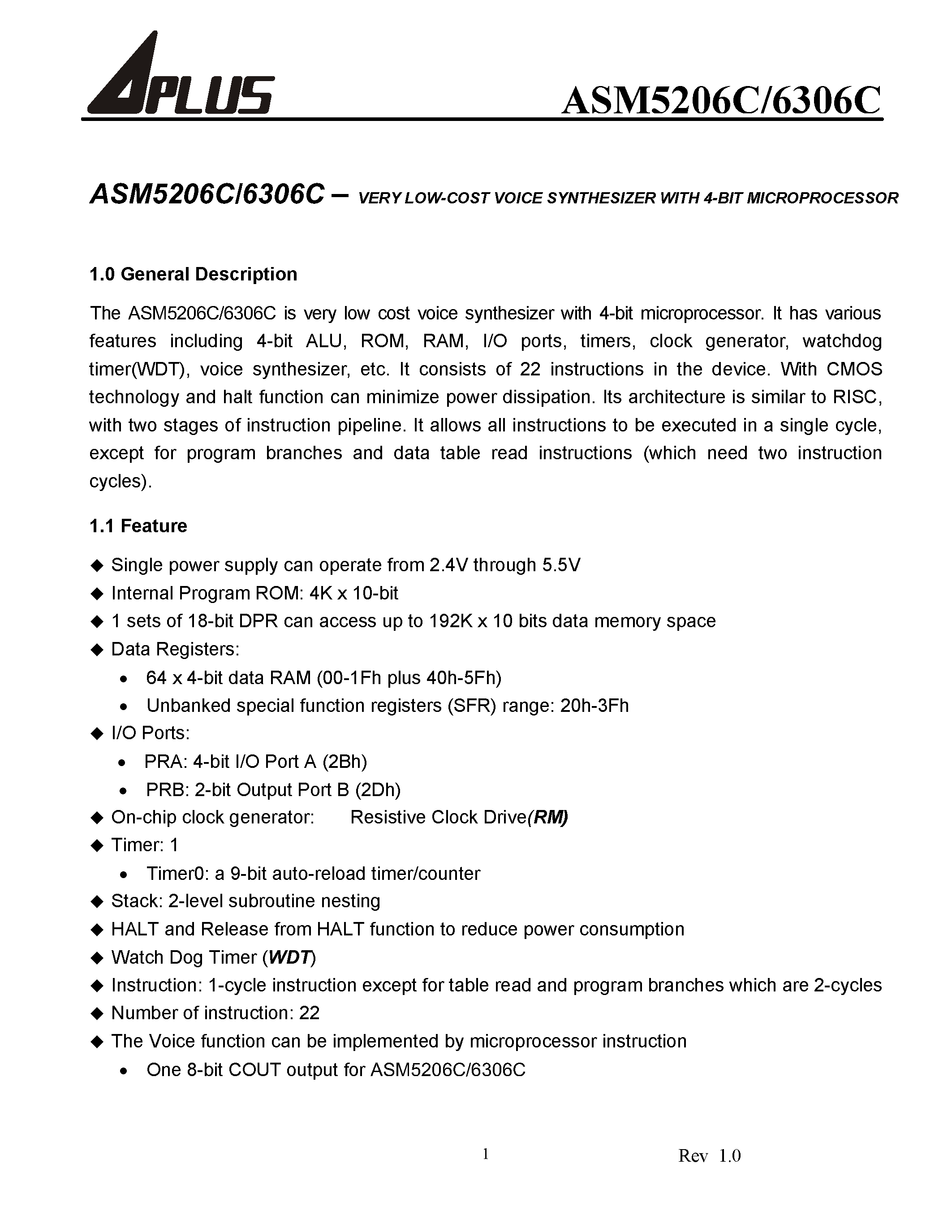 Datasheet ASM5206C - VERY LOW-COST VOICE SYNTHESIZER WITH 4-BIT MICROPROCESSOR page 2