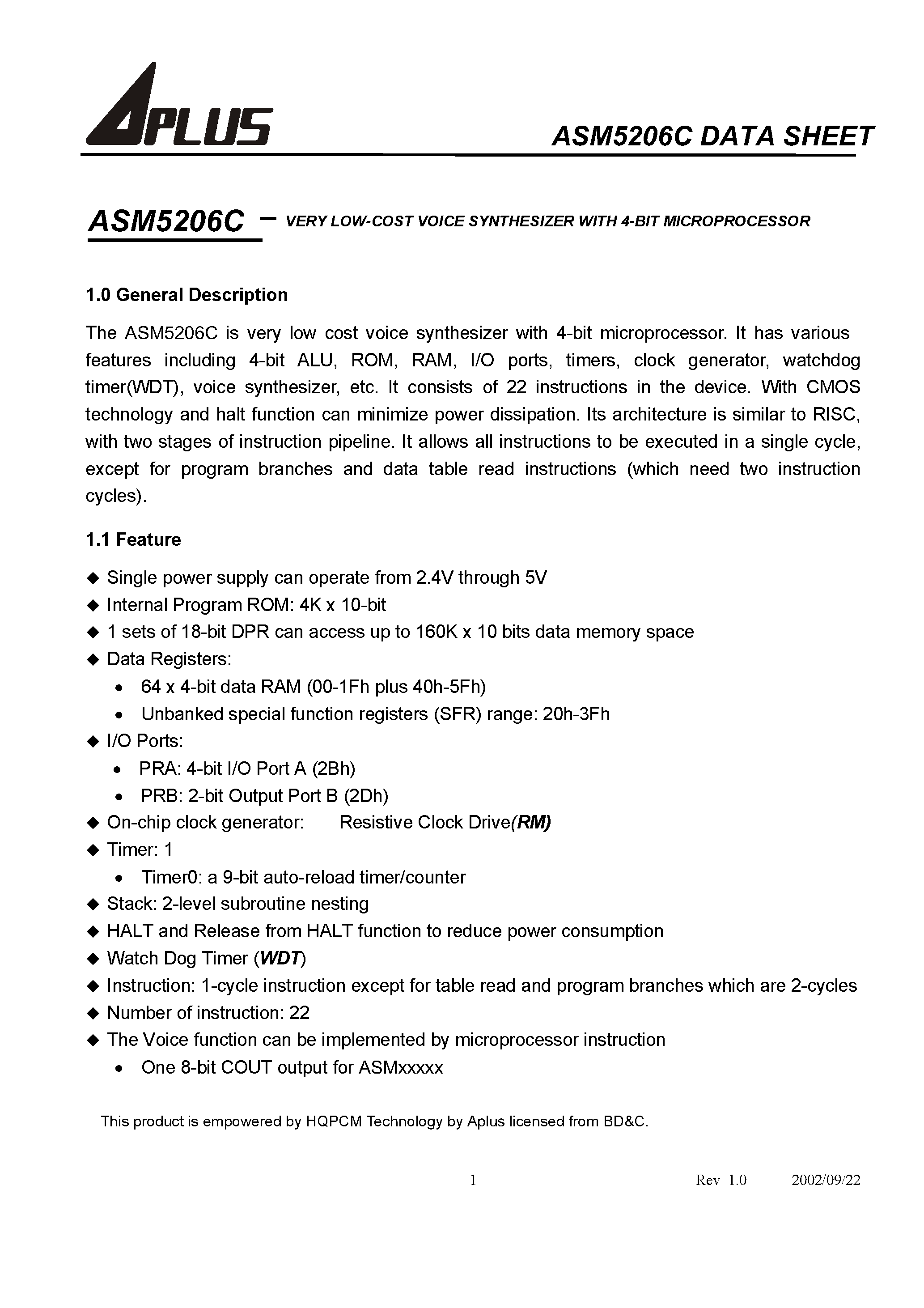 Datasheet ASM5206C-1 - VERY LOW-COST VOICE SYNTHESIZER WITH 4-BIT MICROPROCESSOR page 2