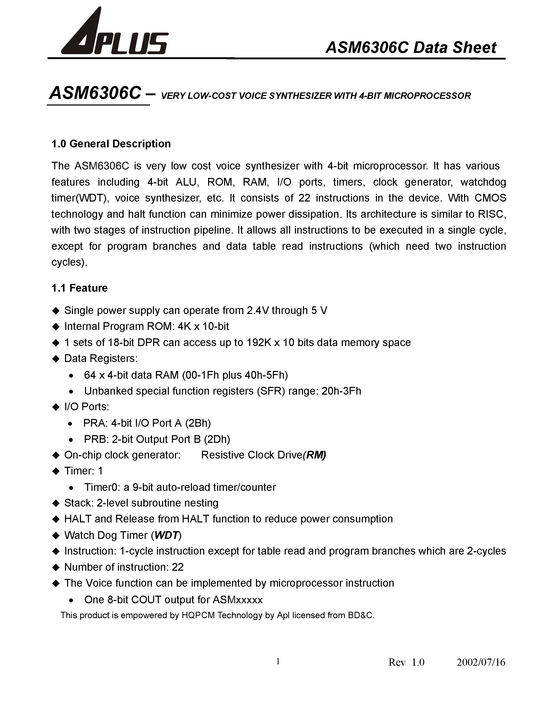 Datasheet ASM6306C - VERY LOW-COST VOICE SYNTHESIZER WITH 4-BIT MICROPROCESSOR page 2