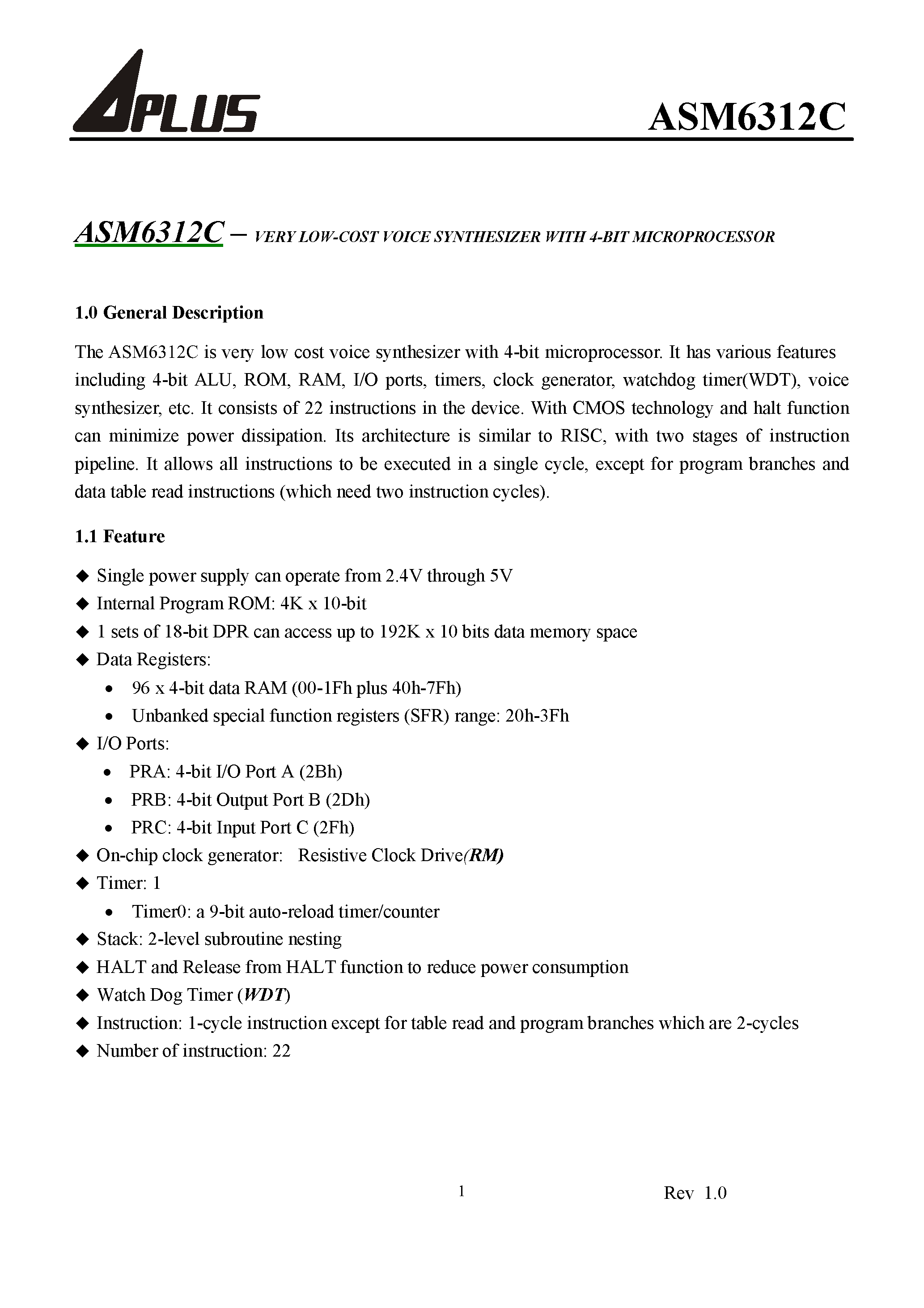 Datasheet ASM6312C - VERY LOW-COST VOICE SYNTHESIZER WITH 4-BIT MICROPROCESSOR page 2
