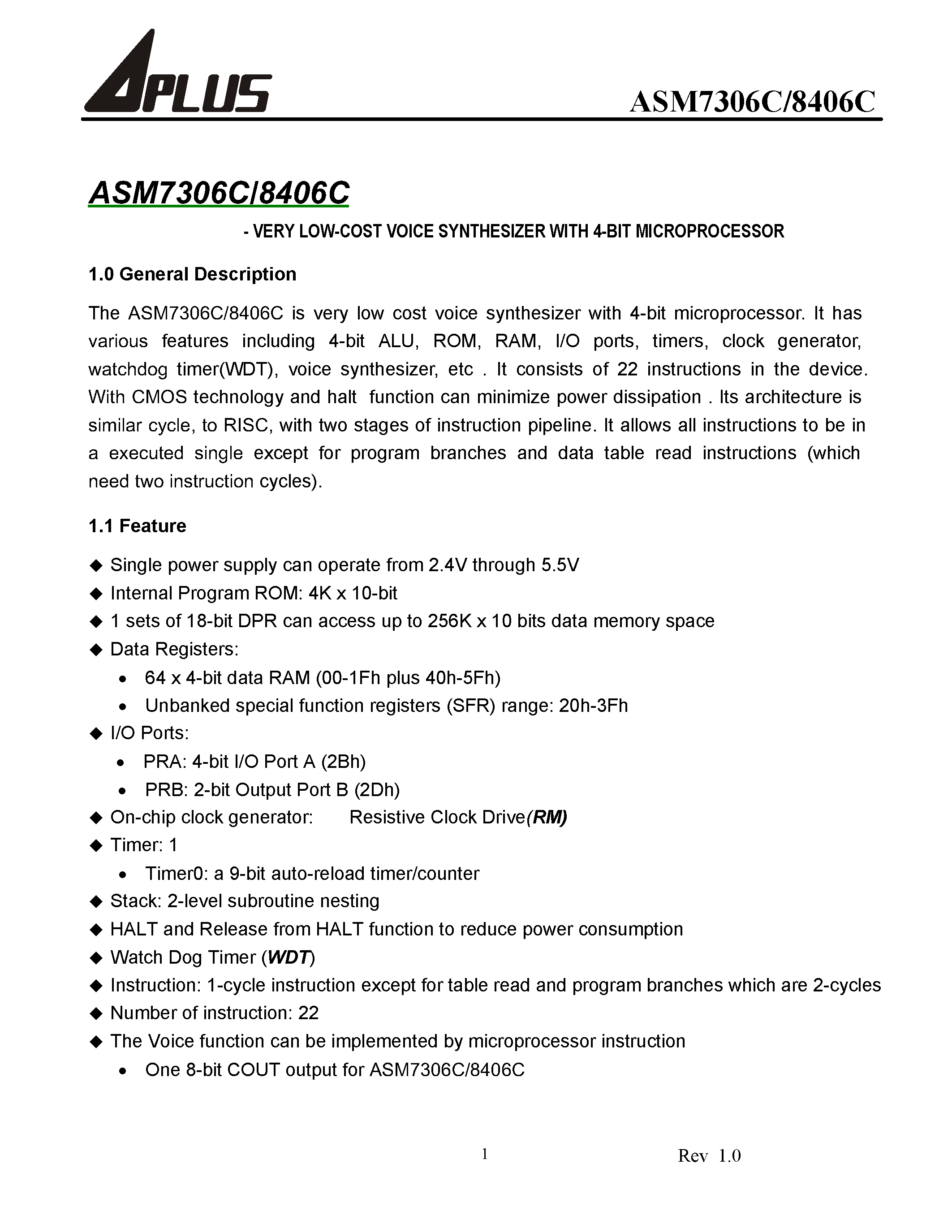 Datasheet ASM7306C - VERY LOW-COST VOICE SYNTHESIZER WITH 4-BIT MICROPROCESSOR page 2