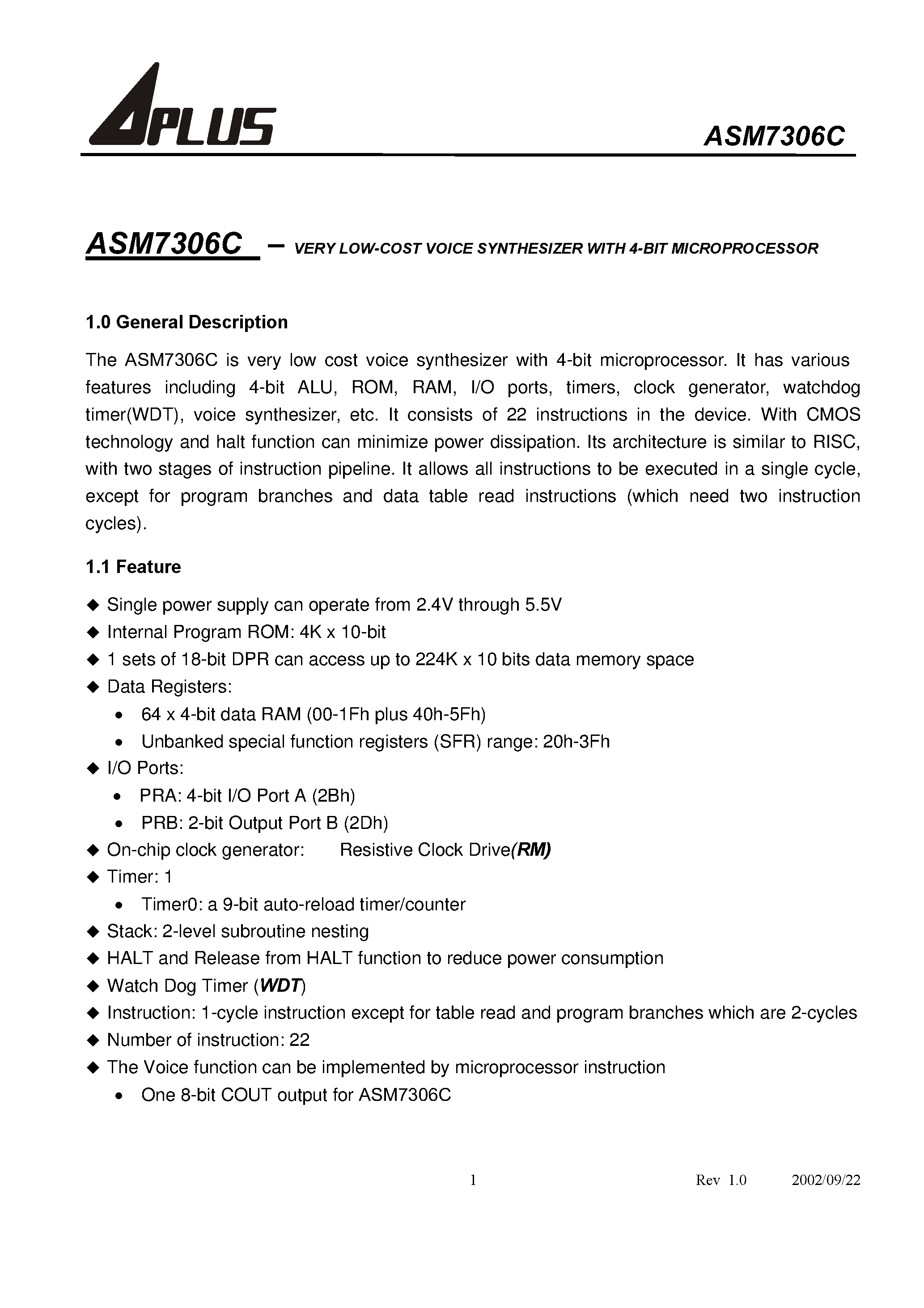 Datasheet ASM7306C-1 - VERY LOW-COST VOICE SYNTHESIZER WITH 4-BIT MICROPROCESSOR page 2