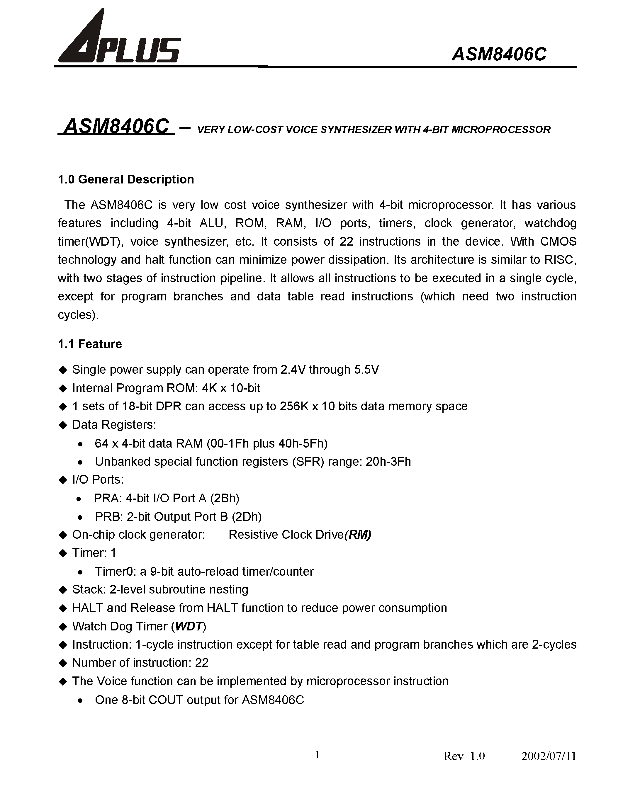 Datasheet ASM8406C - VERY LOW-COST VOICE SYNTHESIZER WITH 4-BIT MICROPROCESSOR page 2