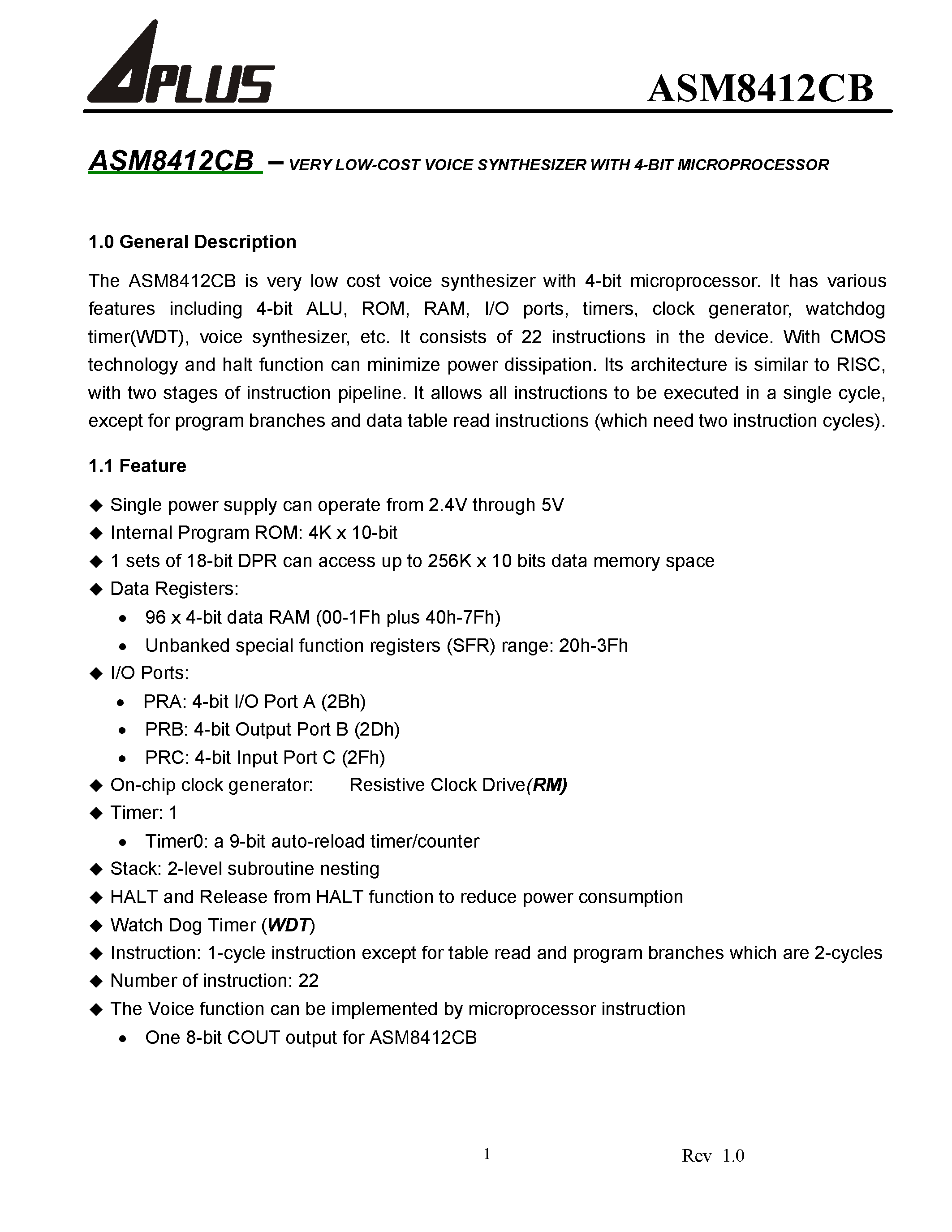 Datasheet ASM8412CB - VERY LOW-COST VOICE SYNTHESIZER WITH 4-BIT MICROPROCESSOR page 2