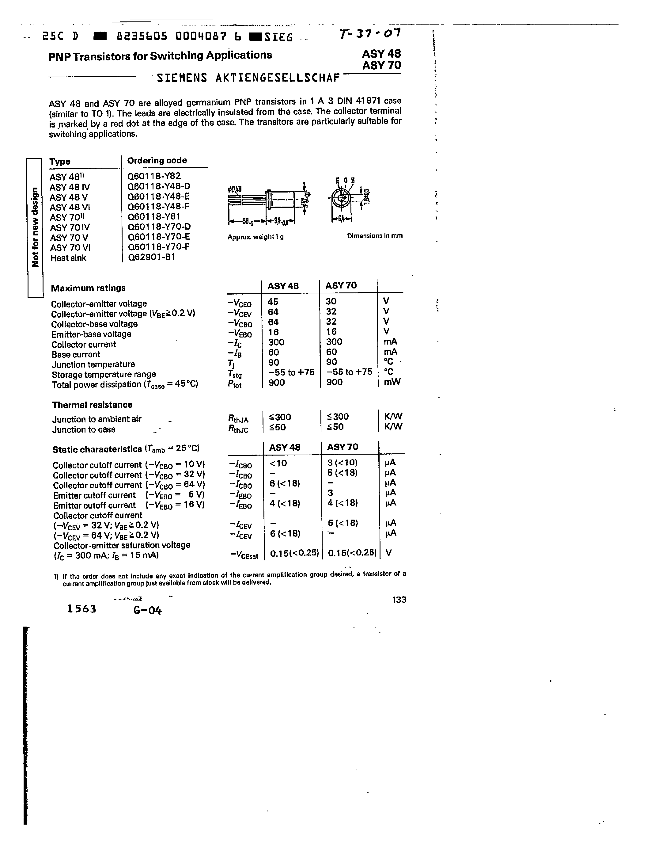 Даташит ASY70 - PNP TRANSISTORS FOR SWITCHING APPLICATIONS страница 1