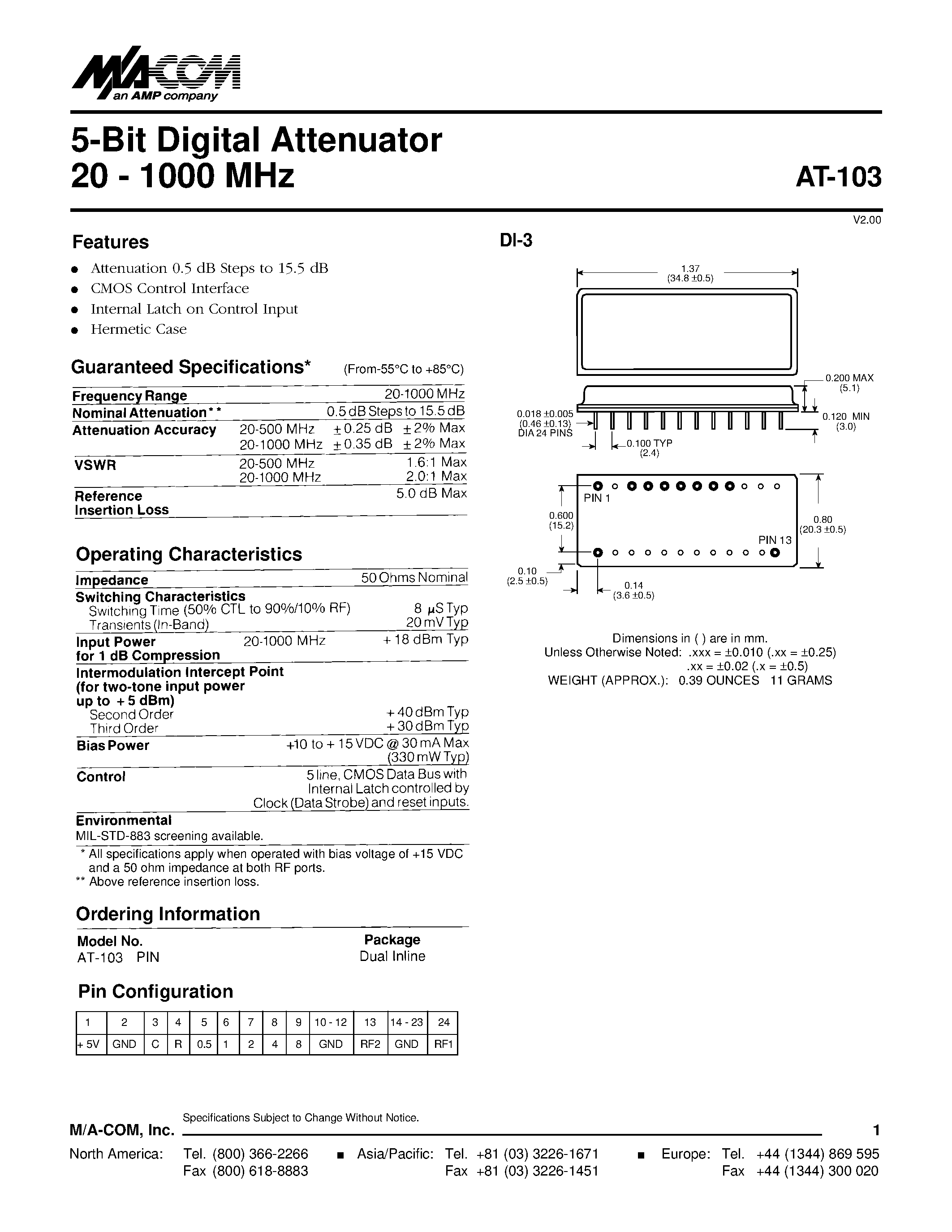 Datasheet AT-103 - 5-Bit Digital Attenuator 20 - 1000 MHz page 1