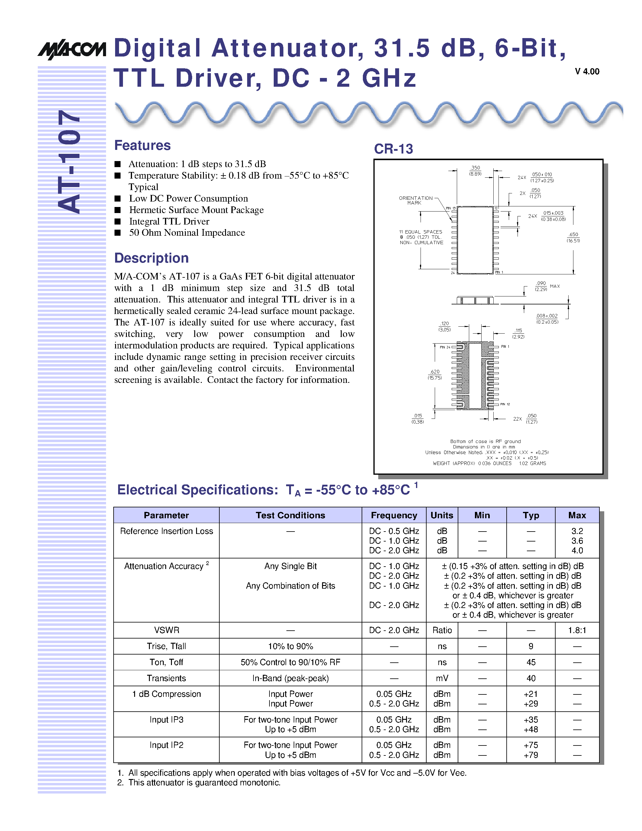 Datasheet AT-107PIN - Digital Attenuator/ 31.5 dB/ 6-Bit/ TTL Driver/ DC - 2 GHz page 1