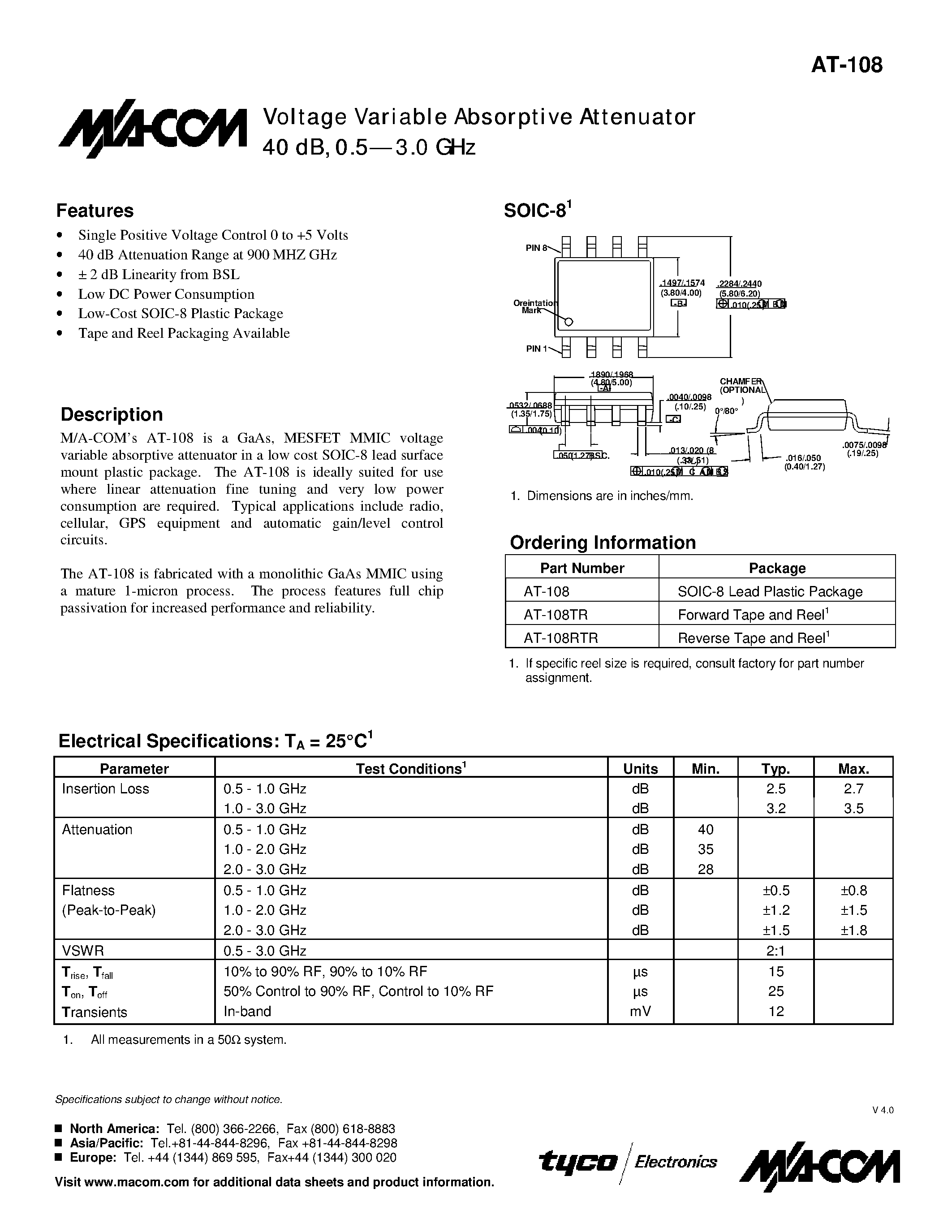 Datasheet AT-108TR - Voltage Variable Absorptive Attenuator 40 dB/ 0.5-3.0 GHz page 1
