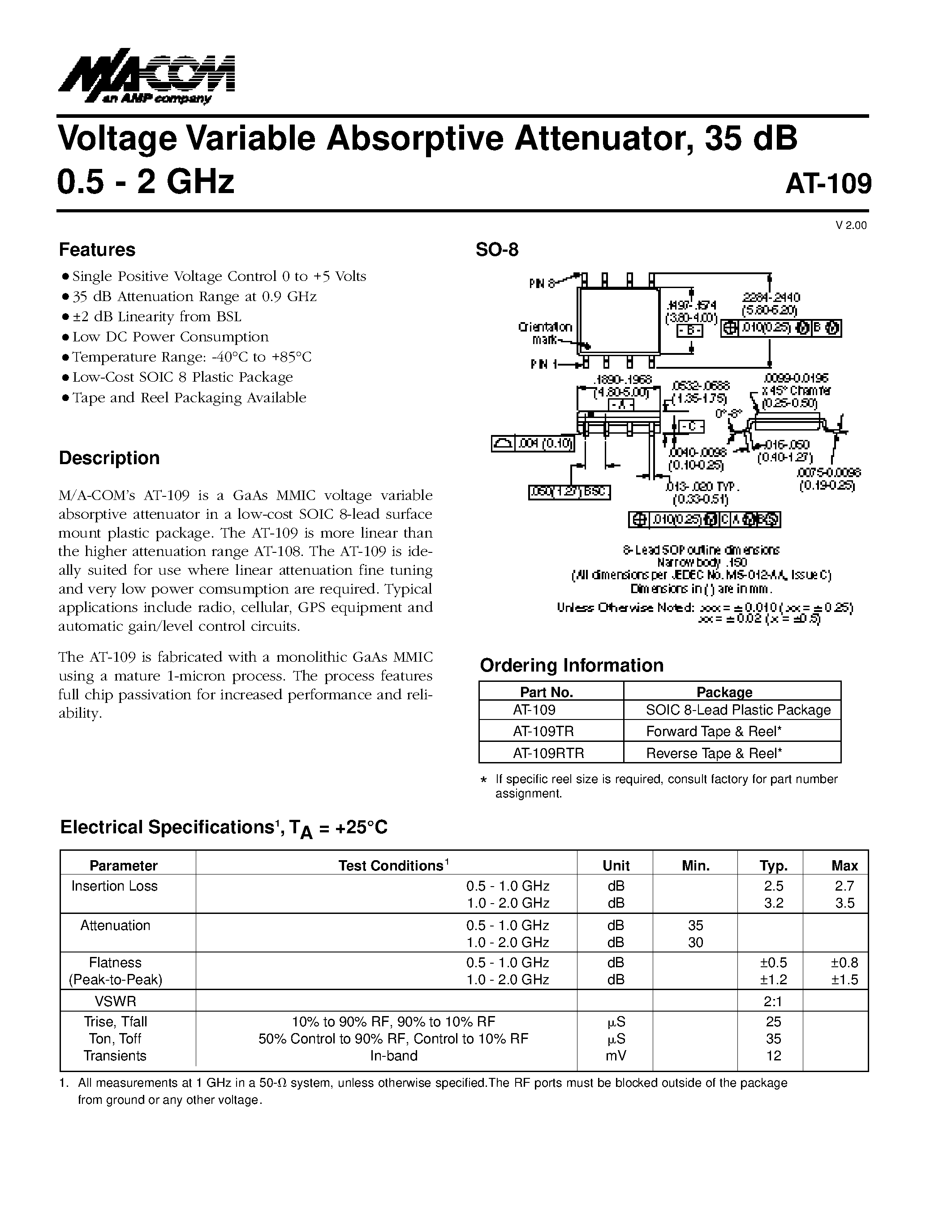 Datasheet AT-109TR - Voltage Variable Absorptive Attenuator/ 35 dB 0.5 - 2 GHz page 1