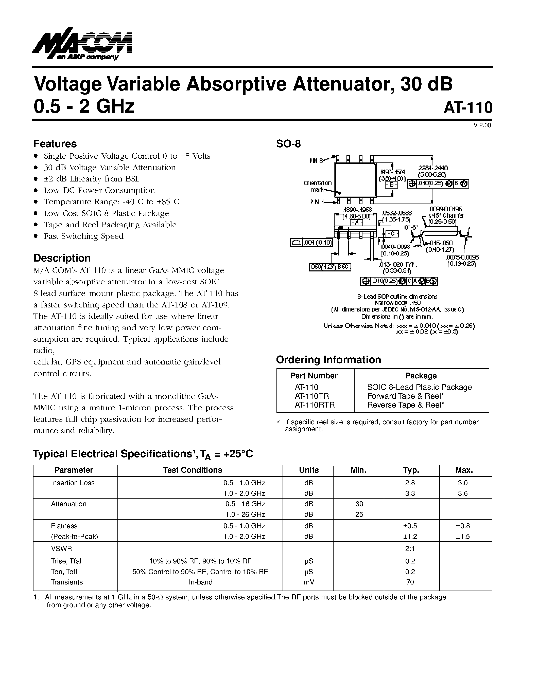 Datasheet AT-110 - Voltage Variable Absorptive Attenuator/ 30 dB 0.5 - 2 GHz page 1