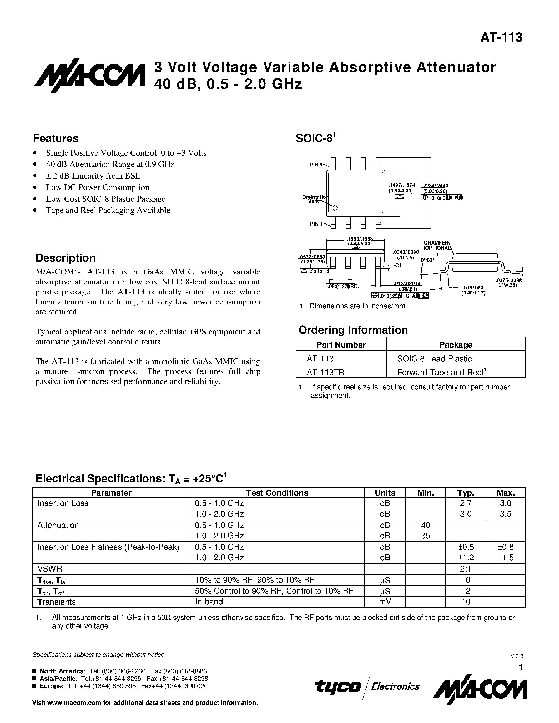 Datasheet AT-113 - 3 Volt Voltage Variable Absorptive Attenuator 40 dB/ 0.5 - 2.0 GHz page 1