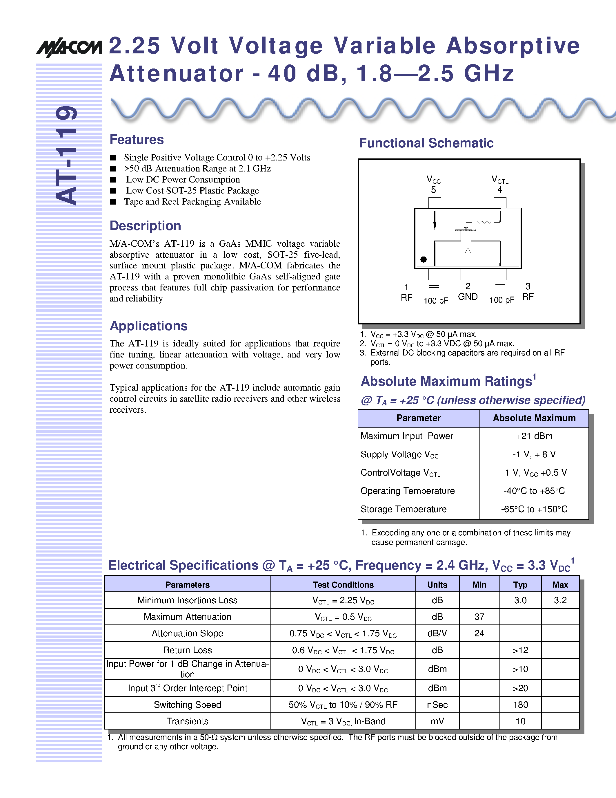Datasheet AT-119SMB - 2.25 Volt Voltage Variable Absorptive Attenuator - 40 dB/ 1.8.2.5 GHz page 1