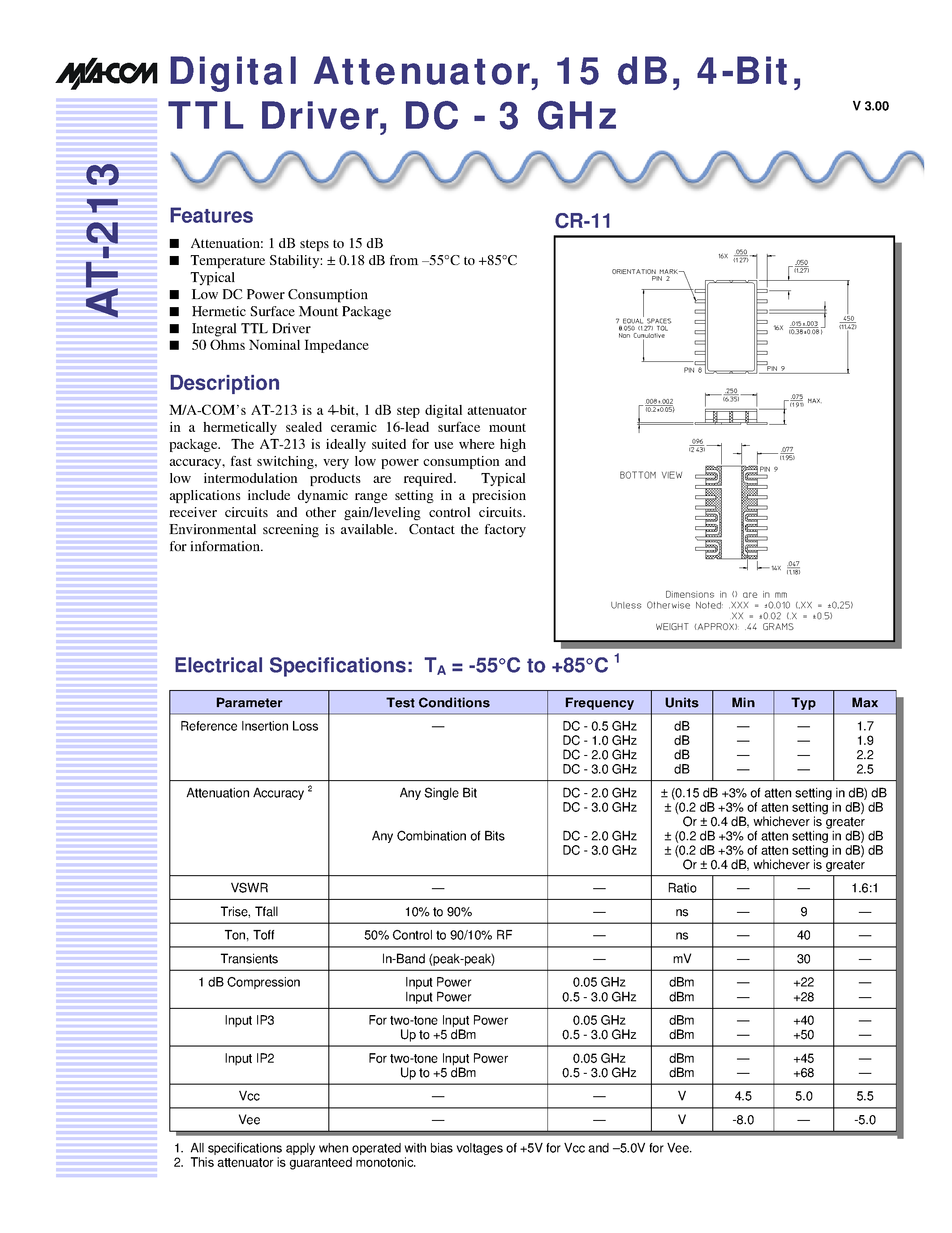 Datasheet AT-213 - Digital Attenuator/ 15 dB/ 4-Bit/ TTL Driver/ DC - 3 GHz page 1