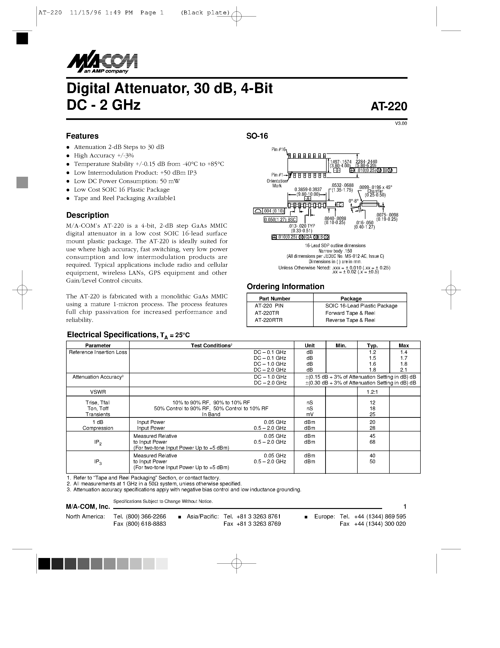 Datasheet AT-220TR - Digital Attenuator/ 30 dB/ 4-Bit DC - 2 GHz page 1