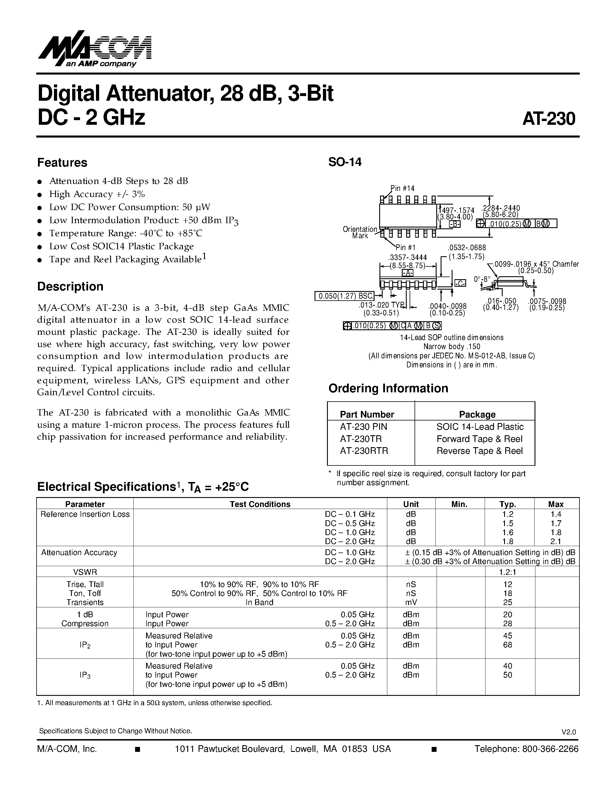 Datasheet AT-230 - Digital Attenuator/ 28 dB/ 3-Bit DC - 2 GHz page 1