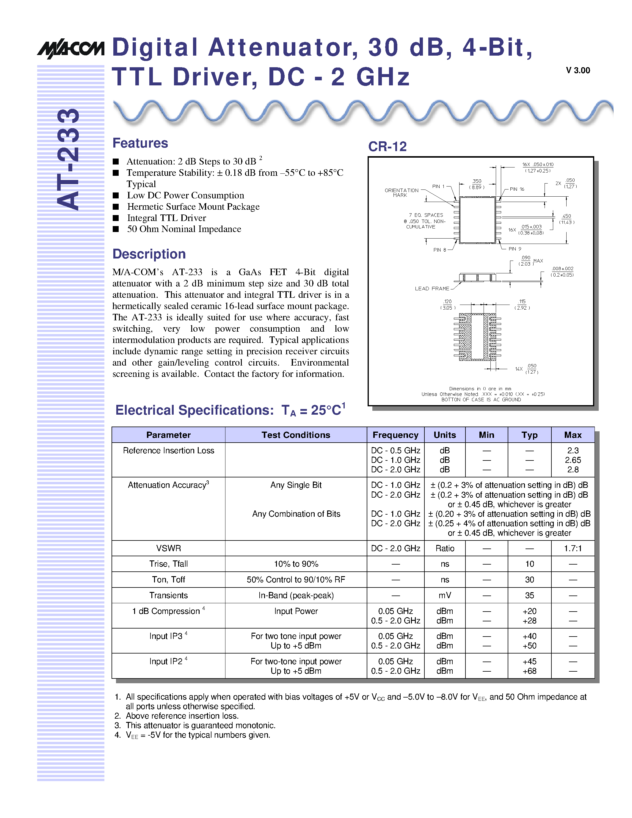 Datasheet AT-233 - Digital Attenuator/ 30 dB/ 4-Bit/ TTL Driver/ DC - 2 GHz page 1