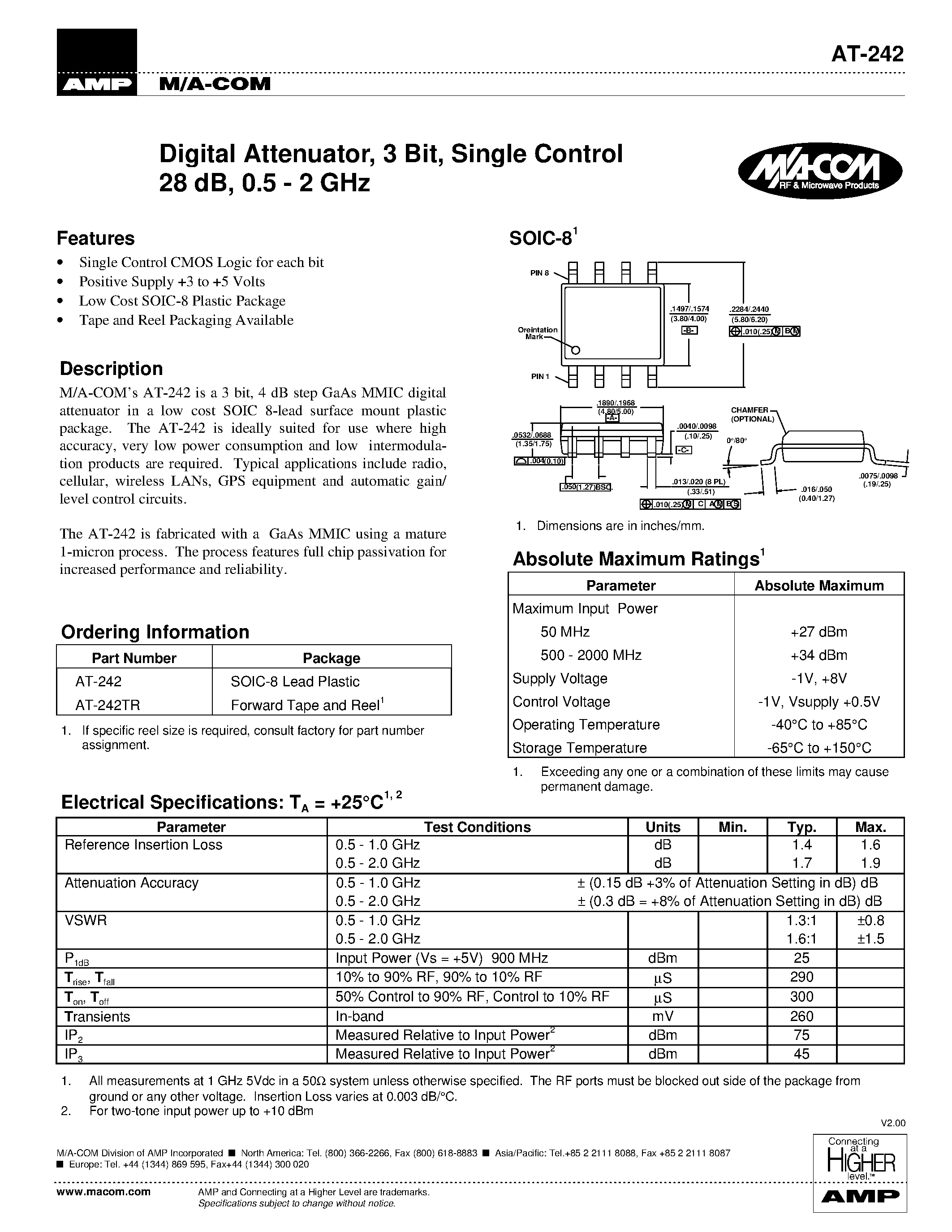 Datasheet AT-242 - Digital Attenuator/ 3 Bit/ Single Control 28 dB/ 0.5 - 2 GHz page 1