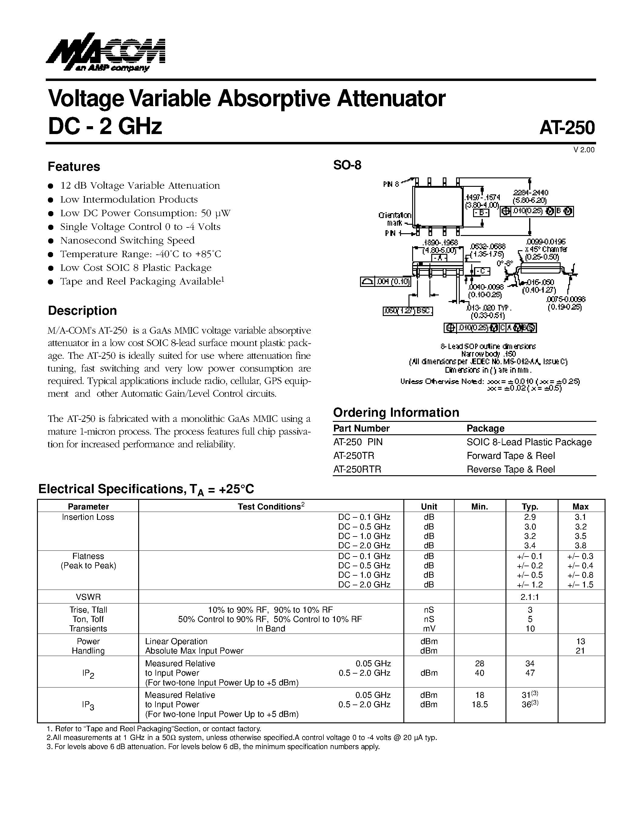 Даташит AT-250TR - Voltage Variable Absorptive Attenuator DC - 2 GHz страница 1