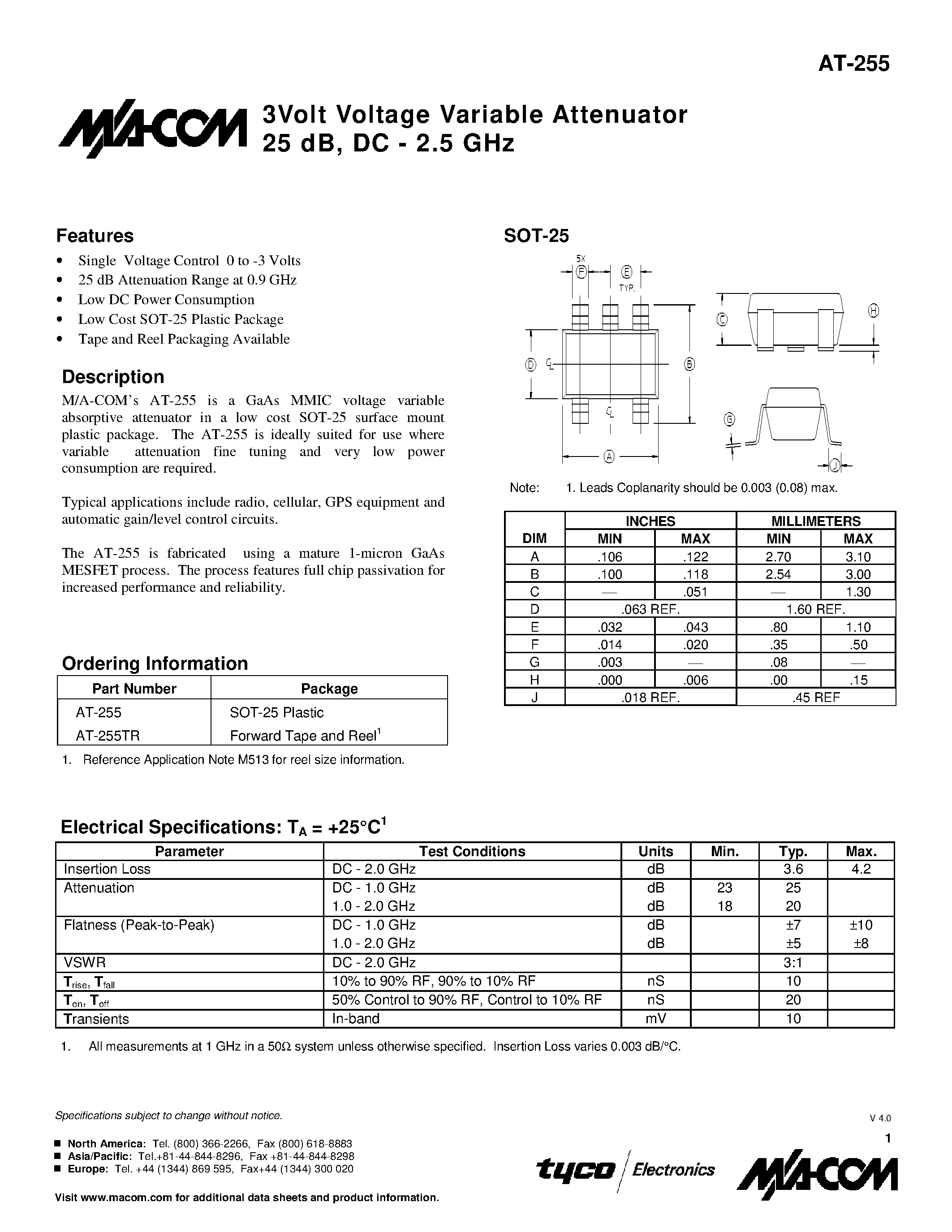 Datasheet AT-255TR - 3Volt Voltage Variable Attenuator 25 dB/ DC - 2.5 GHz page 1