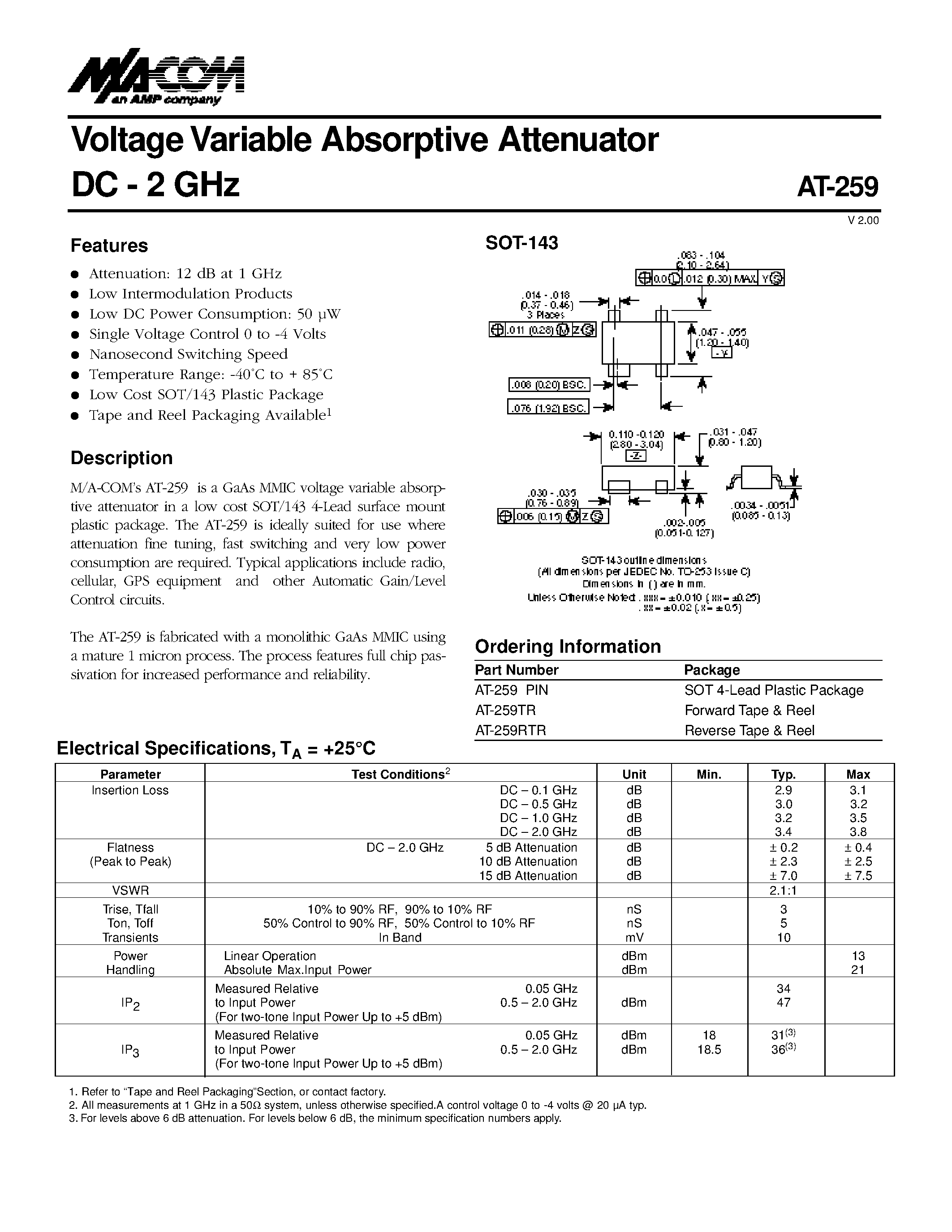 Даташит на микросхему AT-259 страница 1 Даташит AT-259 - Voltage Variable Absorptive Attenuator DC - 2 GHz страница 1