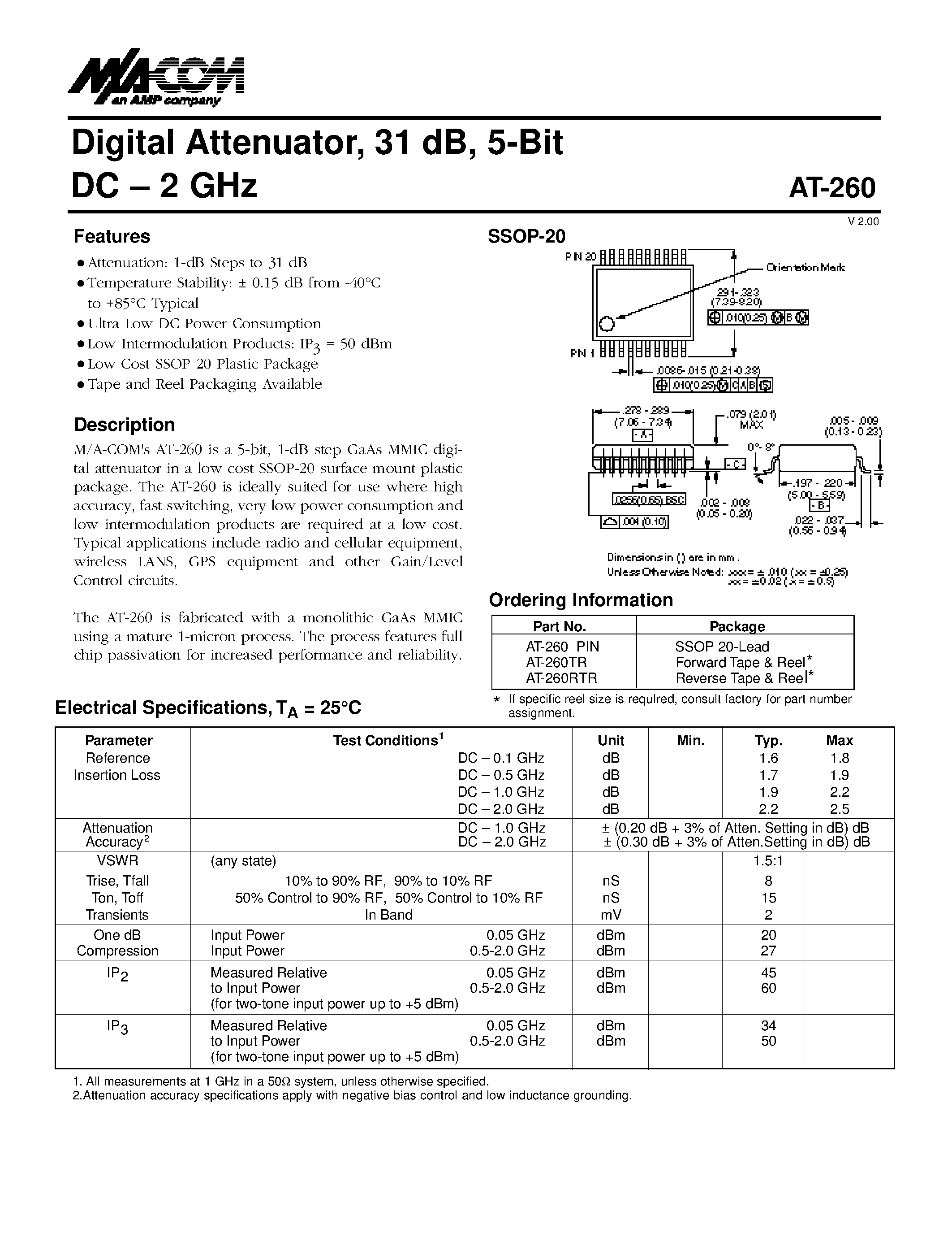Datasheet AT-260PIN - Digital Attenuator/ 31 dB/ 5-Bit DC . 2 GHz page 1