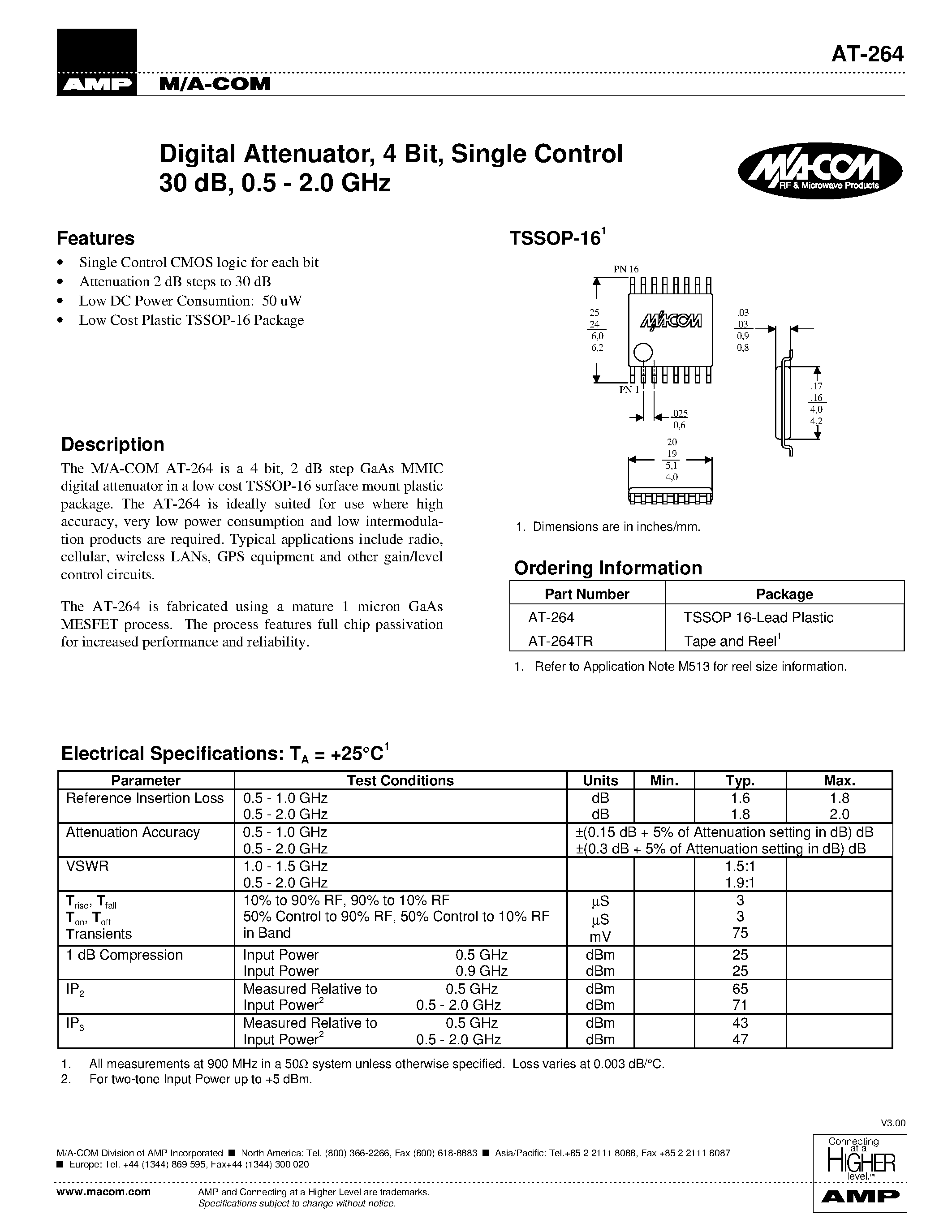 Datasheet AT-264 page 1 Datasheet AT-264 - Digital Attenuator/ 4 Bit/ Single Control 30 dB/ 0.5 - 2.0 GHz page 1