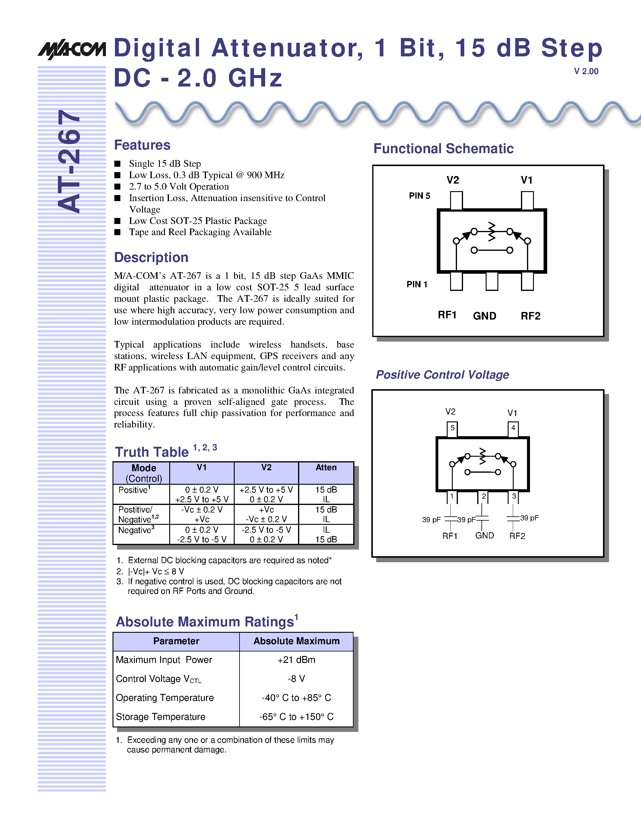 Datasheet AT-267TR page 1 Datasheet AT-267TR - Digital Attenuator/ 1 Bit/ 15 dB Step DC - 2.0 GHz page 1