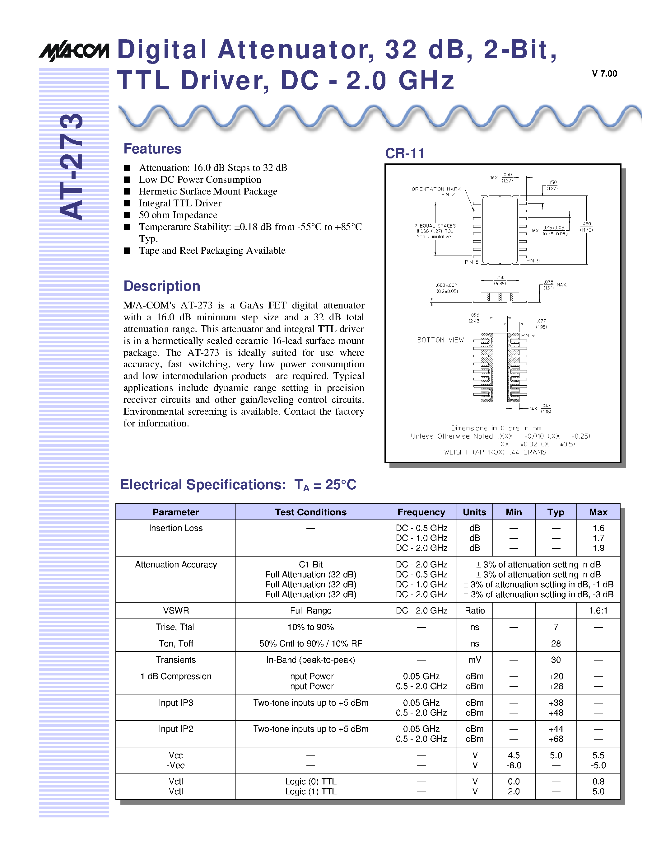 Datasheet AT-273TR - Digital Attenuator/ 32 dB/ 2-Bit/ TTL Driver/ DC - 2.0 GHz page 1