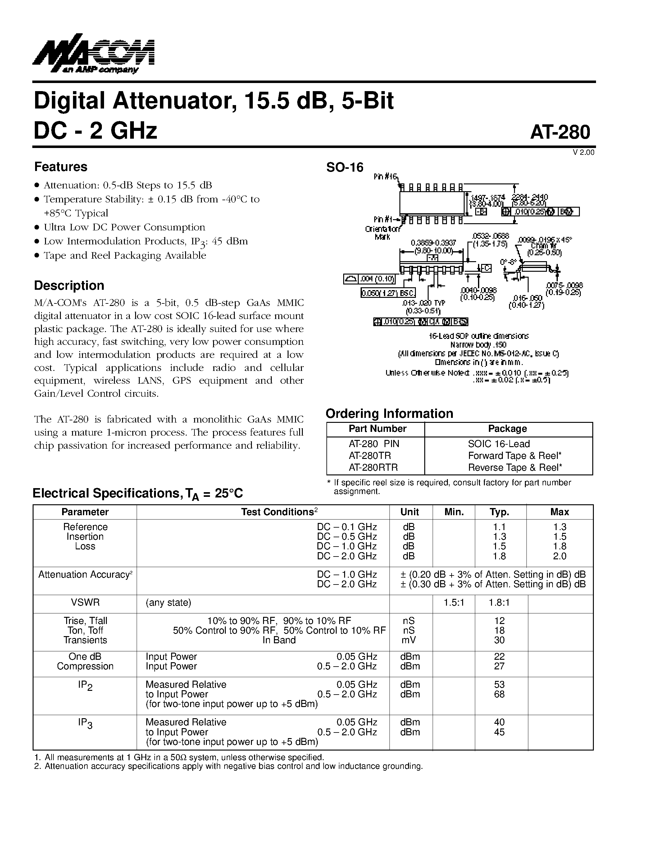 Datasheet AT-280PIN - Digital Attenuator/ 15.5 dB/ 5-Bit DC - 2 GHz page 1