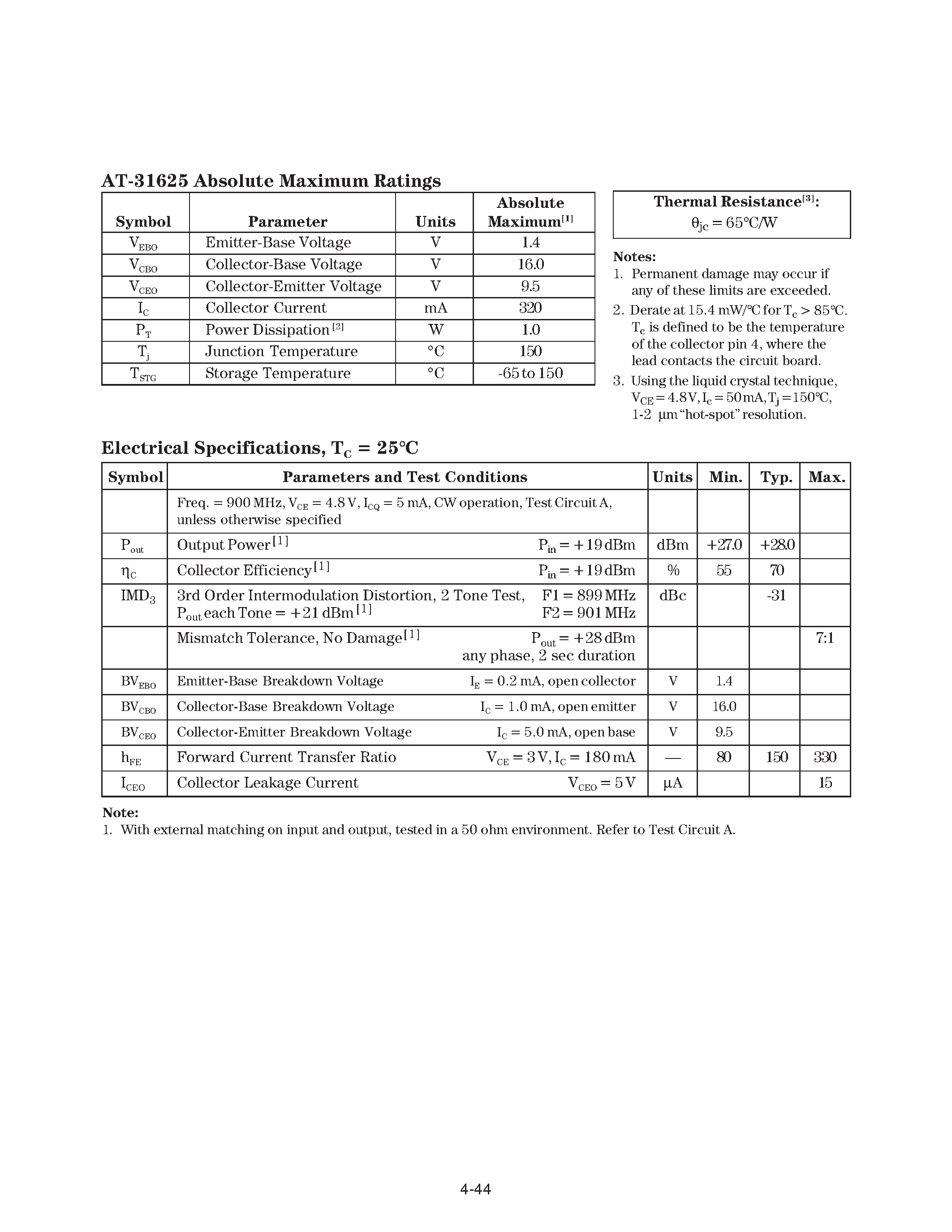 Datasheet AT-31625 - 4.8 V NPN Common Emitter Medium Power Output Transistor page 2
