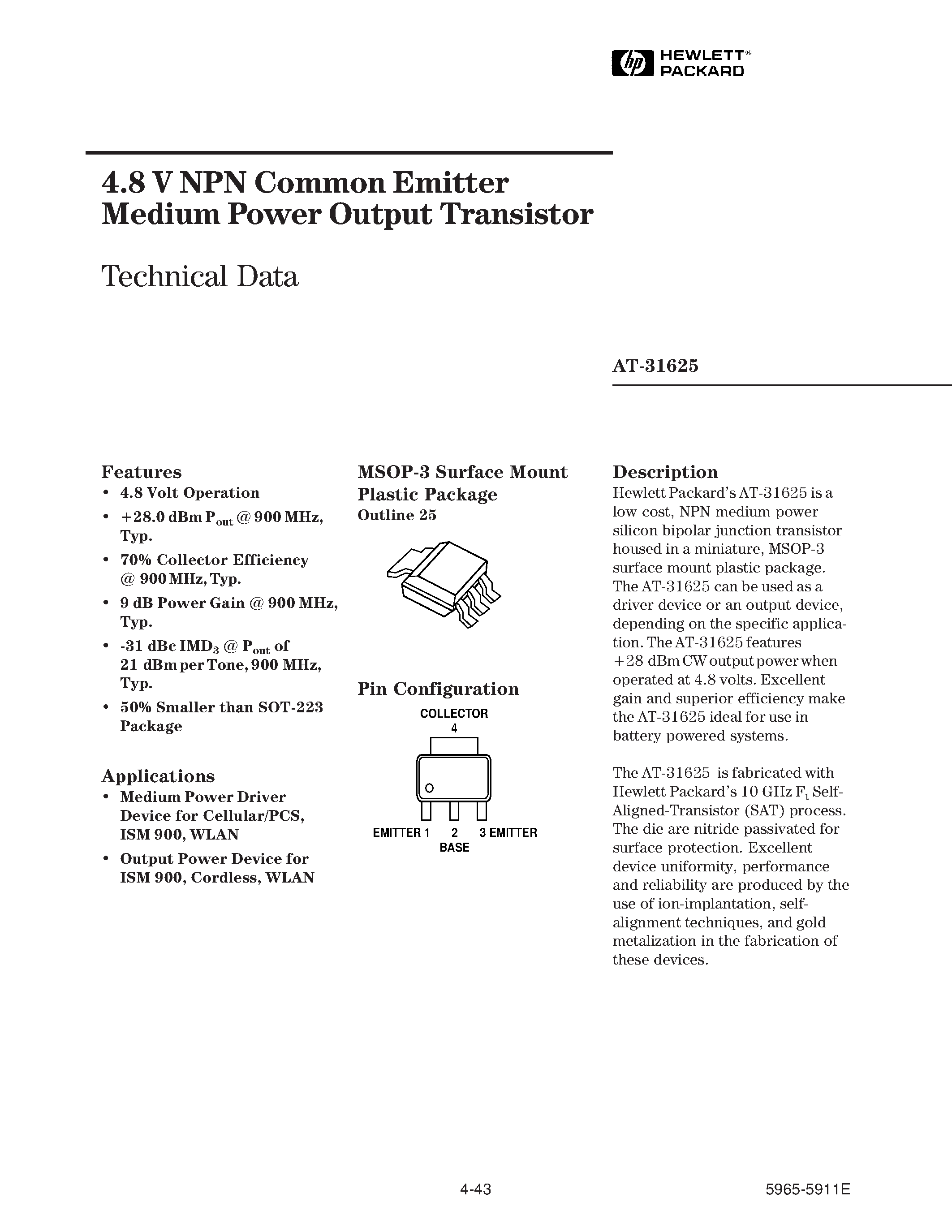 Datasheet AT-31625-TR1 - 4.8 V NPN Common Emitter Medium Power Output Transistor page 1