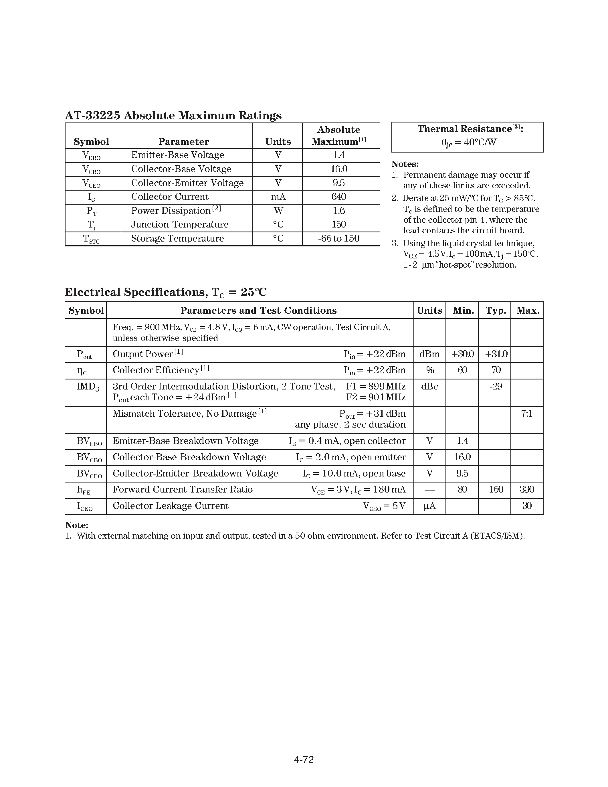 Datasheet AT-33225-TR1 page 2 Datasheet AT-33225-TR1 - 4.8 V NPN Common Emitter Output Power Transistor for AMPS/ ETACS Phones page 2